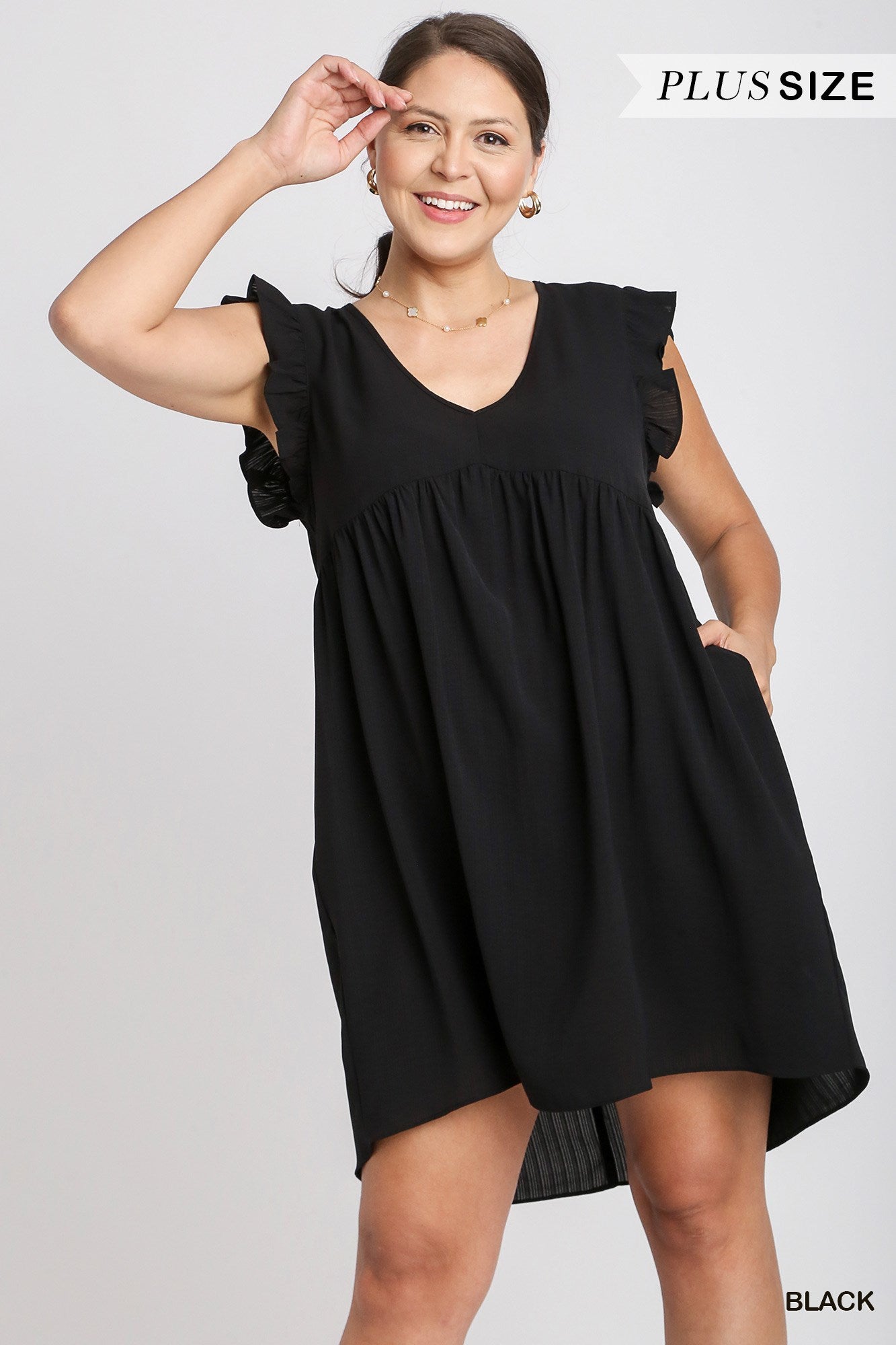 Umgee Plus V-Neck Ruffle Sleeves Pockets Dress