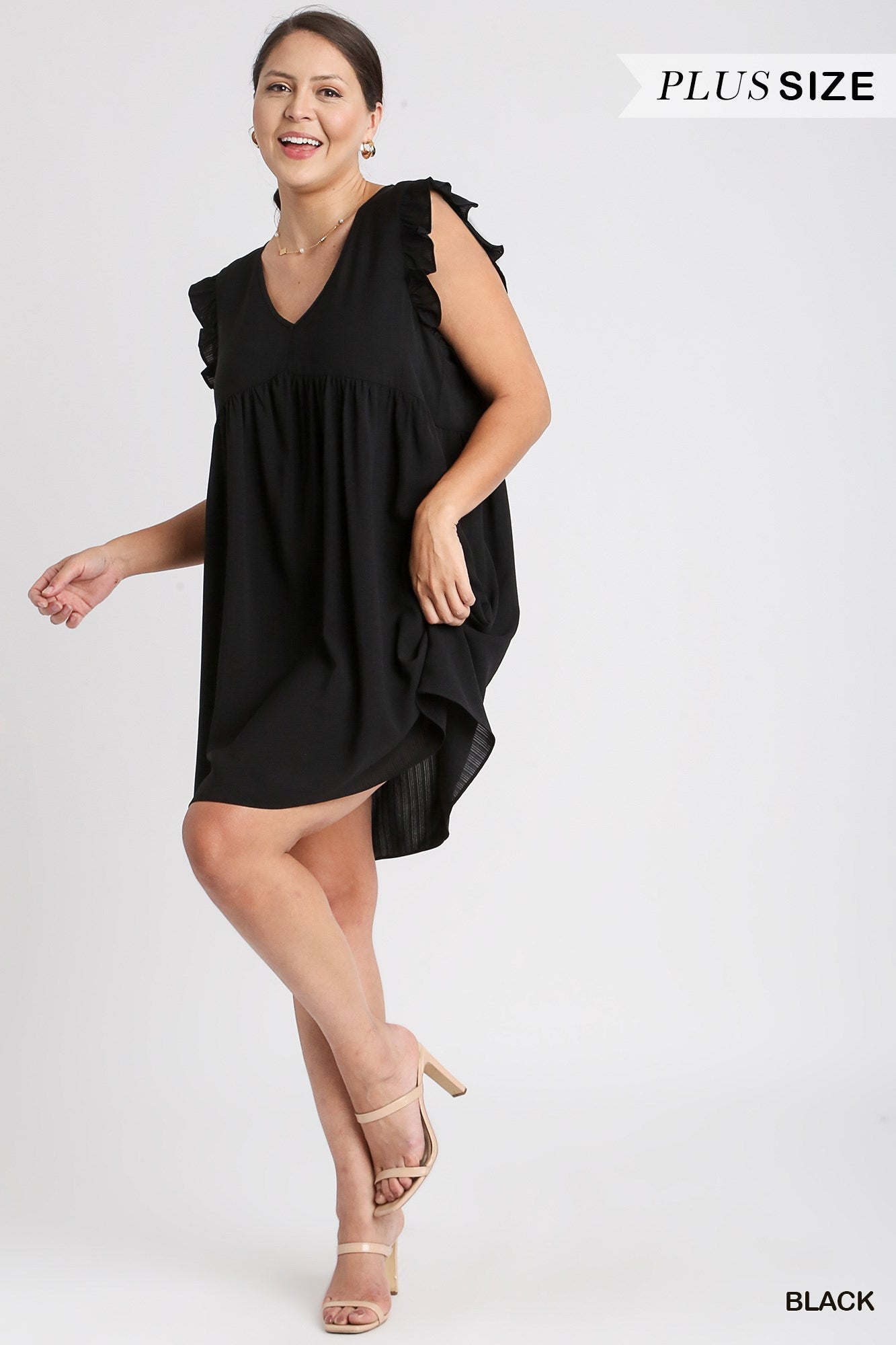 Umgee Plus V-Neck Ruffle Sleeves Pockets Dress
