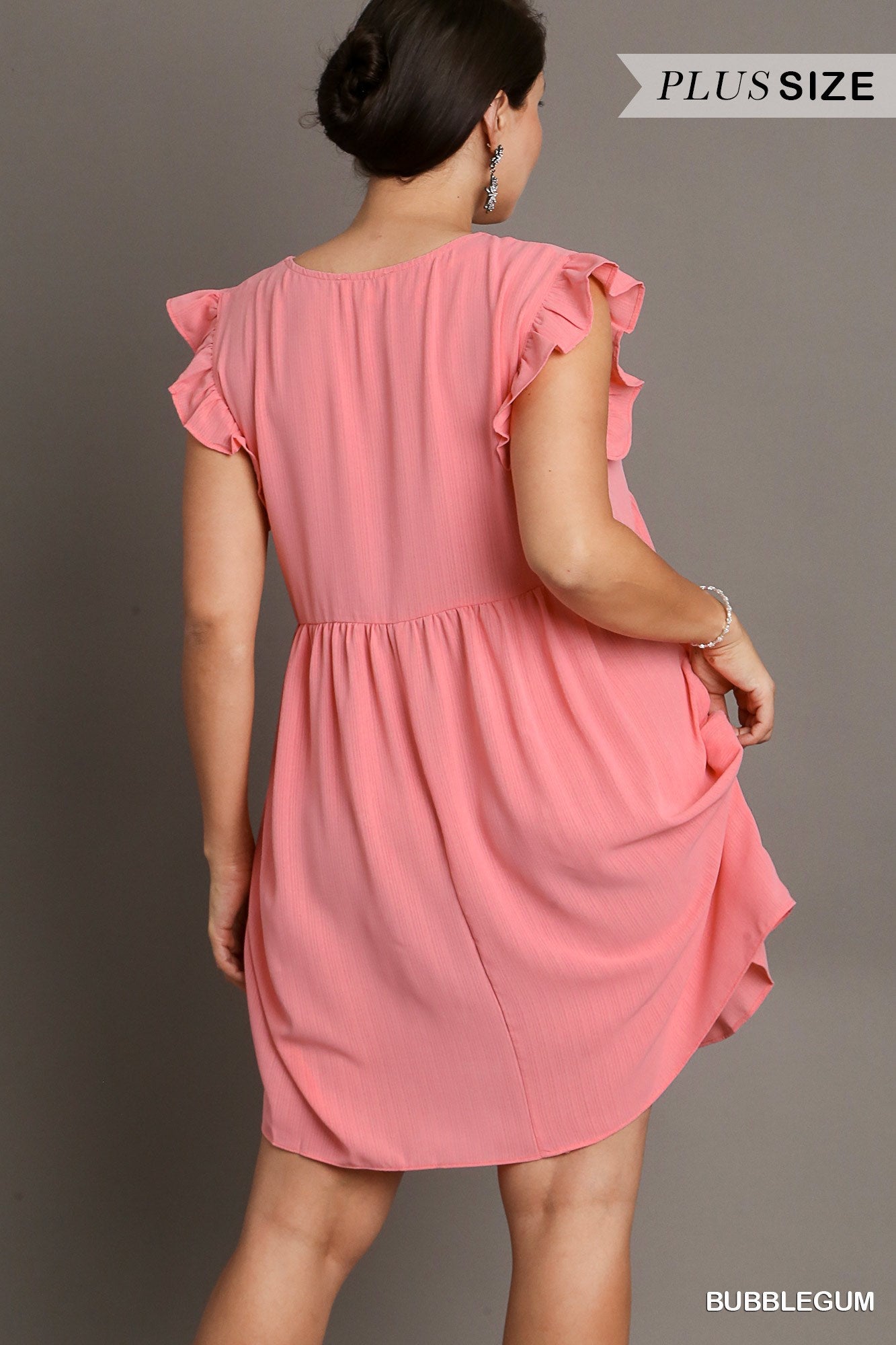 Umgee Plus V-Neck Ruffle Sleeves Pockets Dress