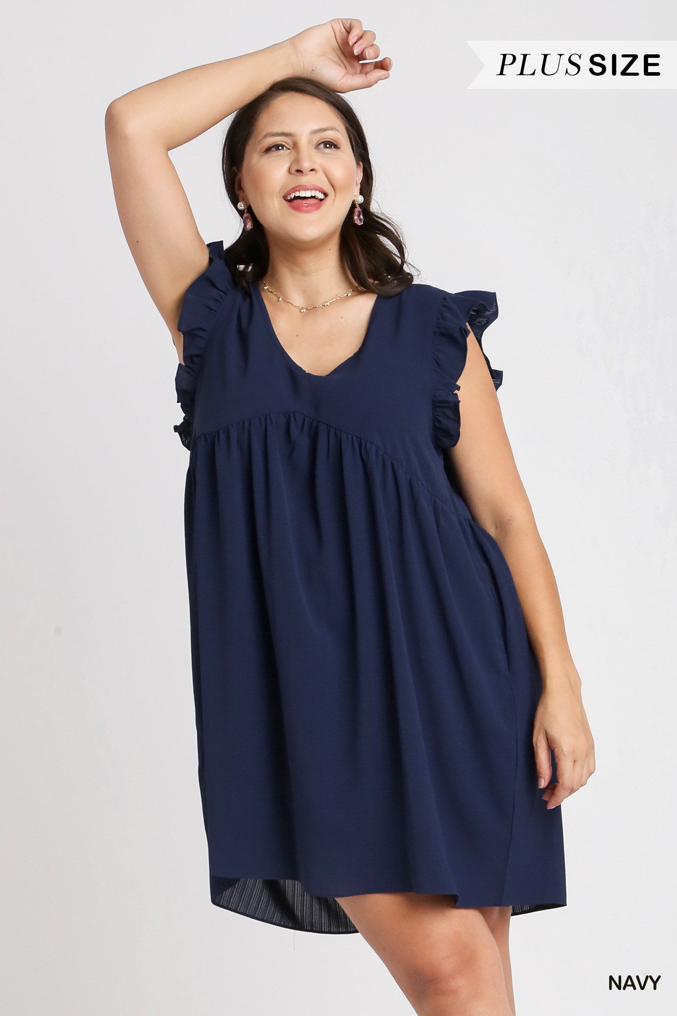 Umgee Plus V-Neck Ruffle Sleeves Pockets Dress