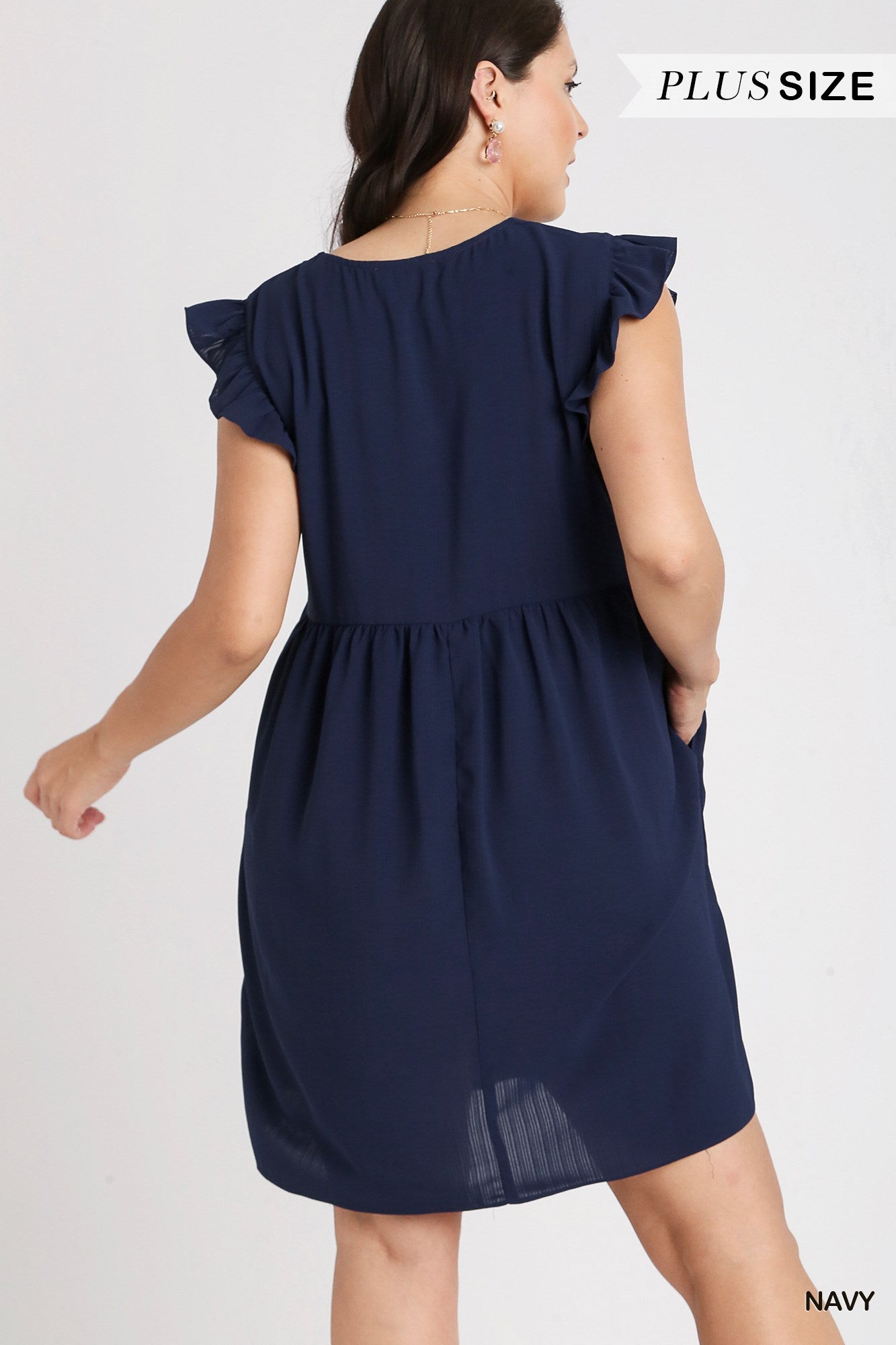 Umgee Plus V-Neck Ruffle Sleeves Pockets Dress