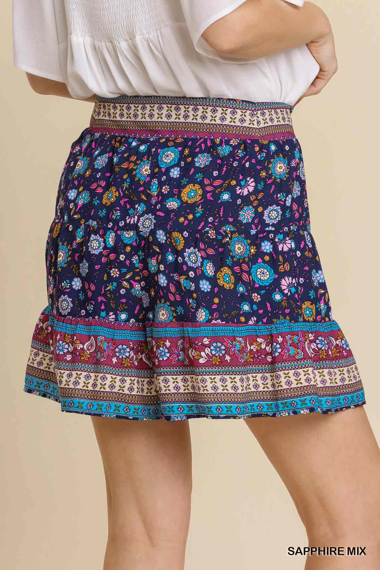 Umgee Border Print Tiered Swing Elastic Waistband Shorts