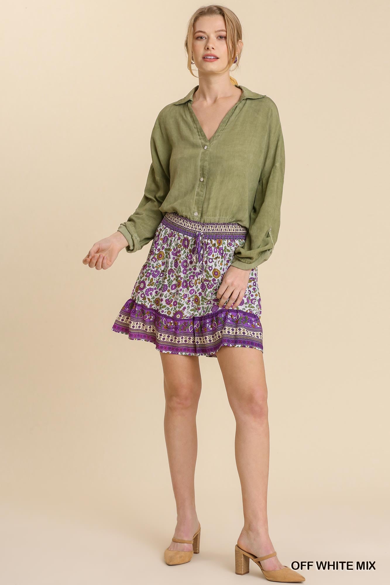 Umgee Border Print Tiered Swing Elastic Waistband Shorts