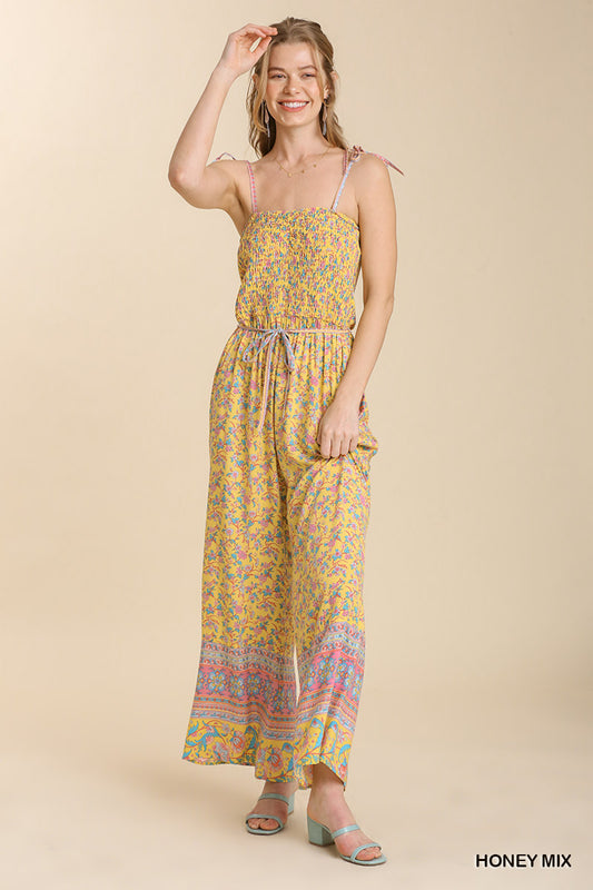 Umgee Mixed Print Spaghetti Tie Strap Smocked Sweetheart Neck Jumpsuit