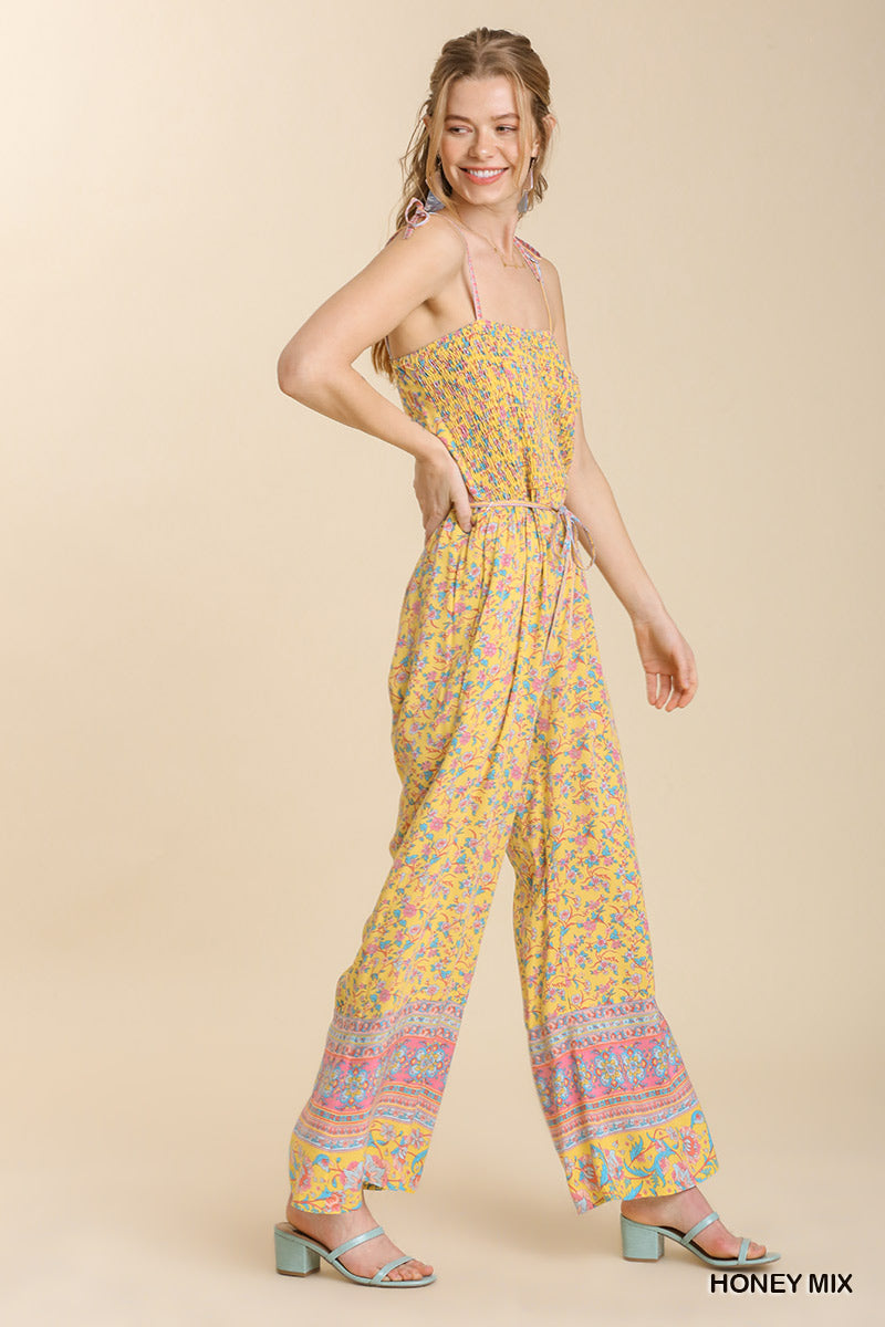 Umgee Mixed Print Spaghetti Tie Strap Smocked Sweetheart Neck Jumpsuit