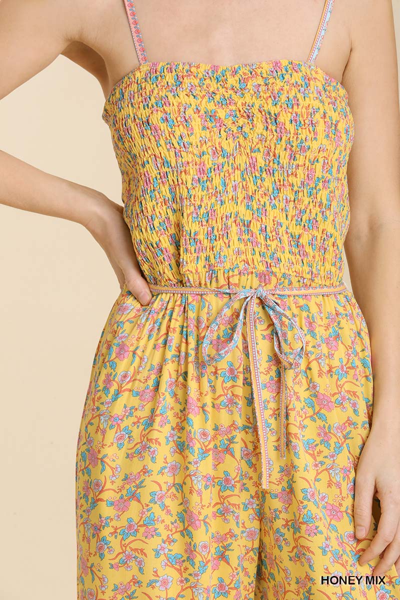 Umgee Mixed Print Spaghetti Tie Strap Smocked Sweetheart Neck Jumpsuit