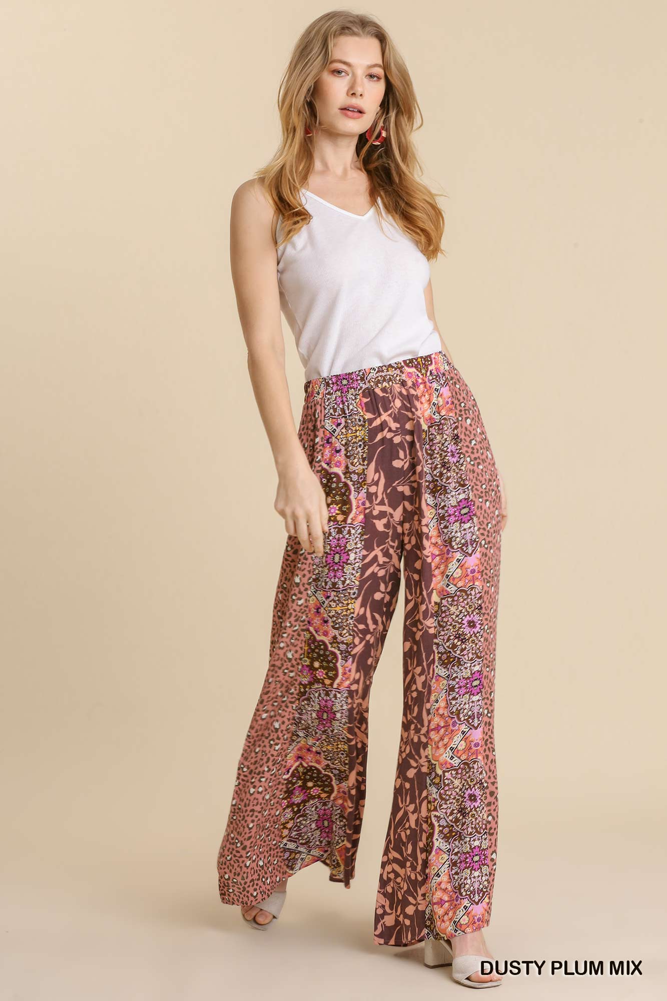 Umgee Mixed Print Elastic Waist Flare Pockets Pants
