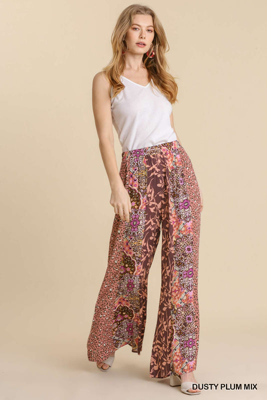 Umgee Mixed Print Elastic Waist Flare Pockets Pants