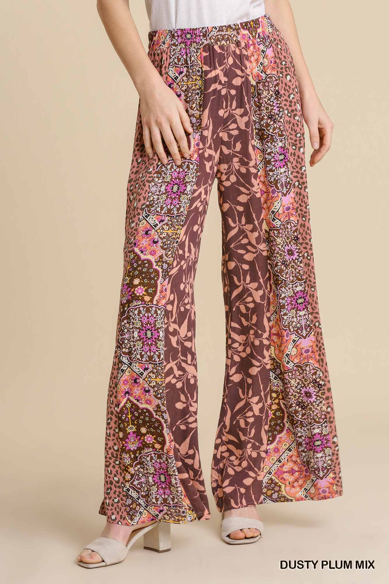 Umgee Mixed Print Elastic Waist Flare Pockets Pants
