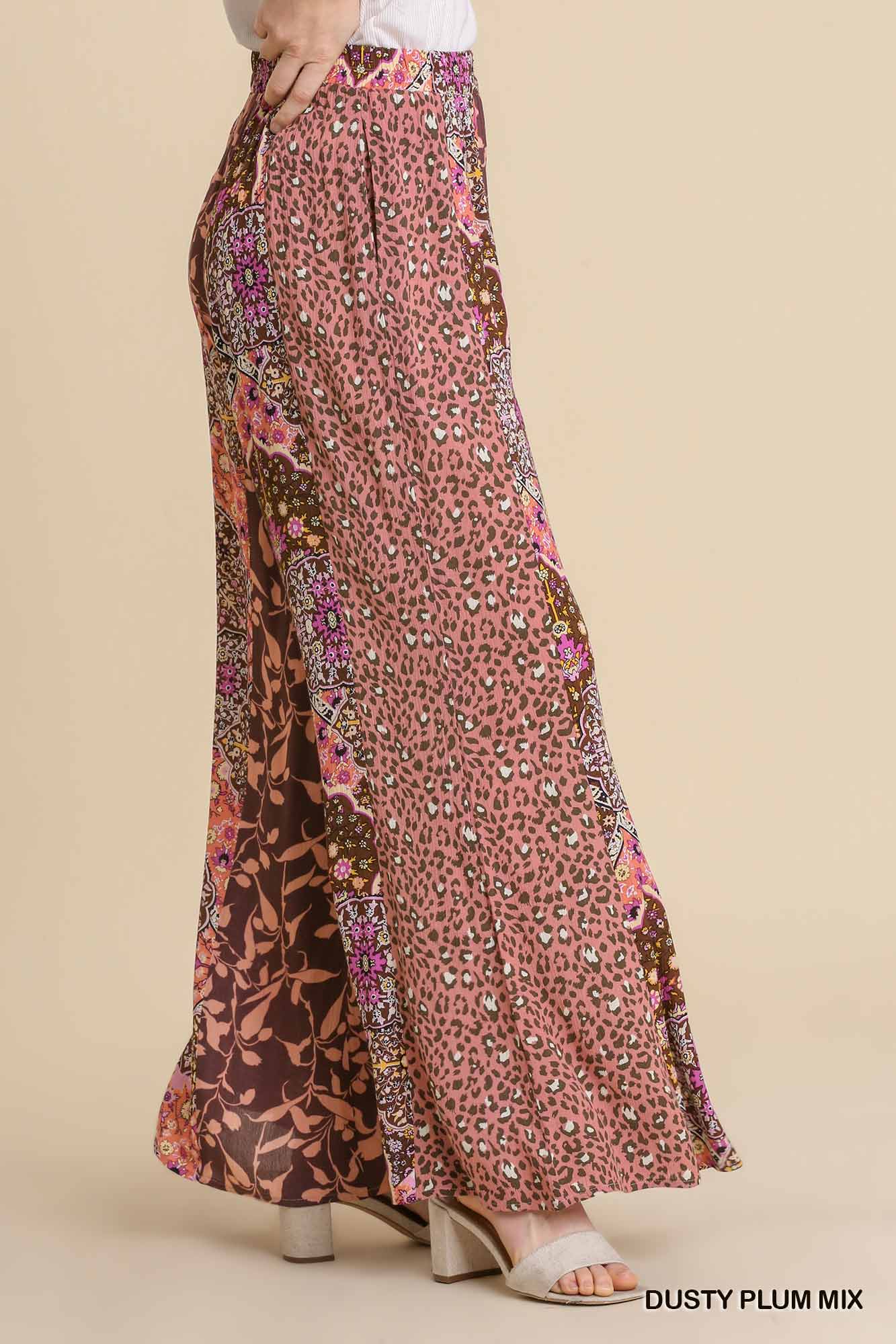 Umgee Mixed Print Elastic Waist Flare Pockets Pants