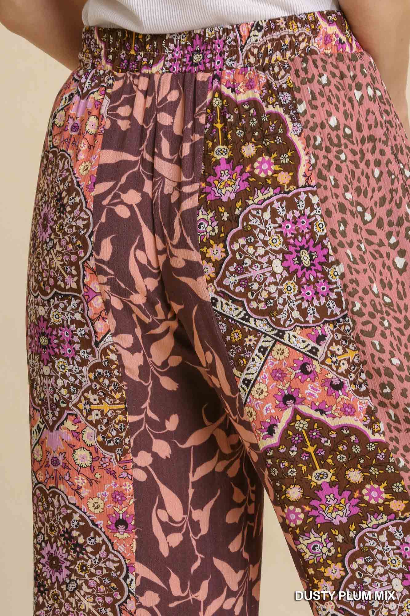 Umgee Mixed Print Elastic Waist Flare Pockets Pants