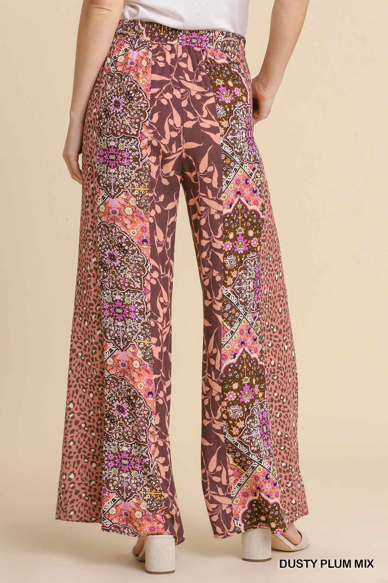 Umgee Mixed Print Elastic Waist Flare Pockets Pants