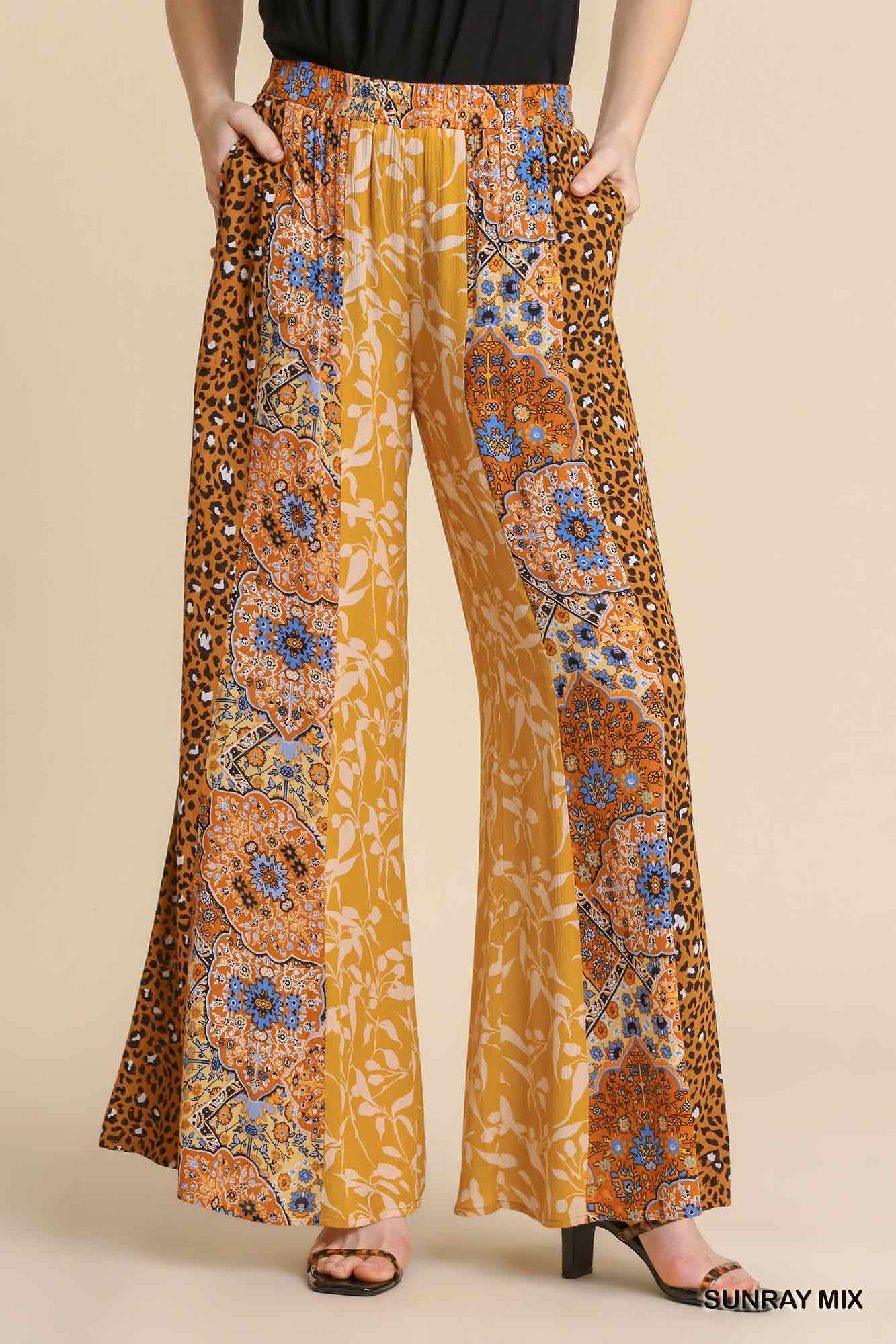 Umgee Mixed Print Elastic Waist Flare Pockets Pants