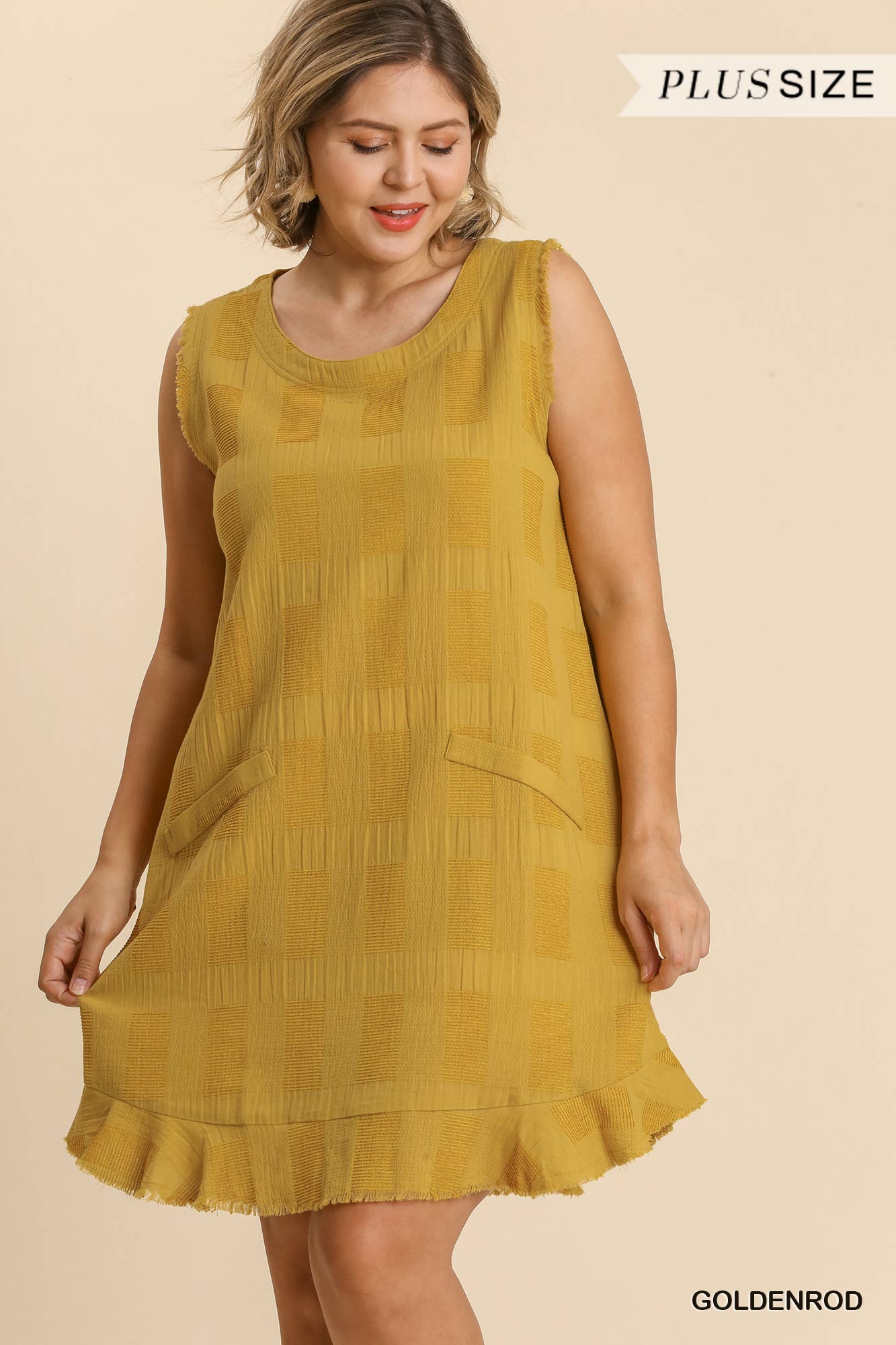 Umgee Plus Textured Ruffle Sleeveless Frayed Edged Back Buttons Dress