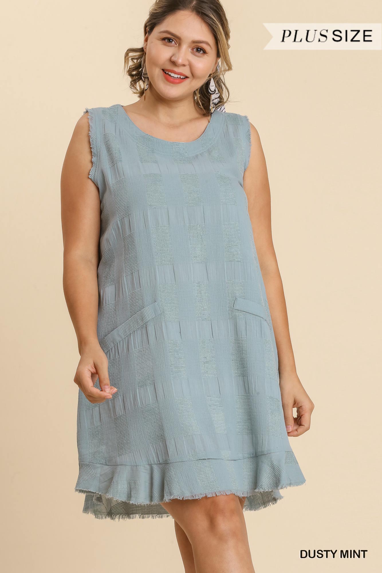 Umgee Plus Textured Ruffle Sleeveless Frayed Edged Back Buttons Dress