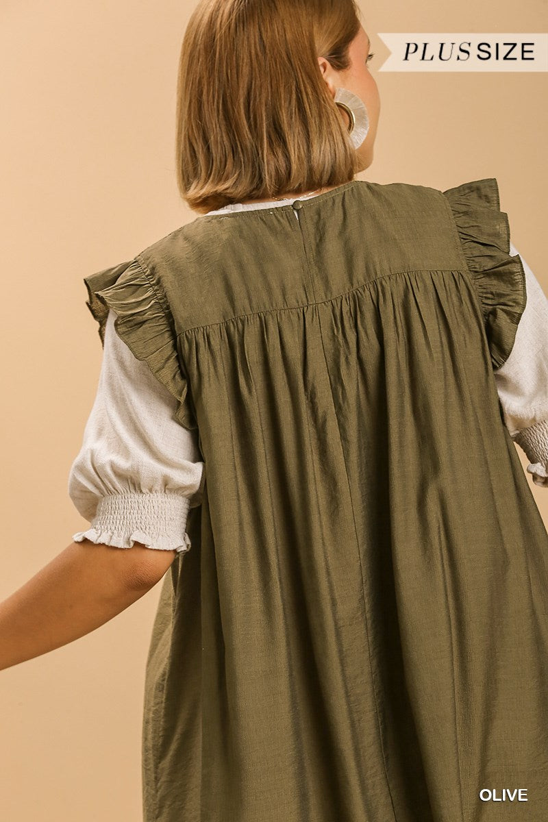 Umgee Plus Smocked Yoke Short Ruffle Sleeves Back Keyhole Dress