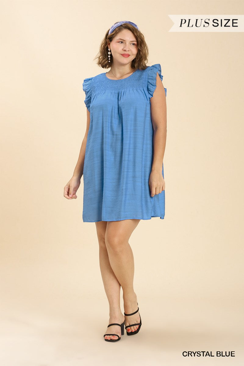 Umgee Plus Smocked Yoke Short Ruffle Sleeves Back Keyhole Dress