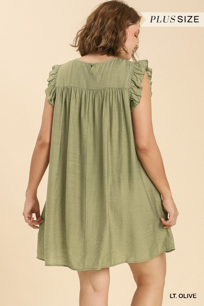 Umgee Plus Smocked Yoke Short Ruffle Sleeves Back Keyhole Dress