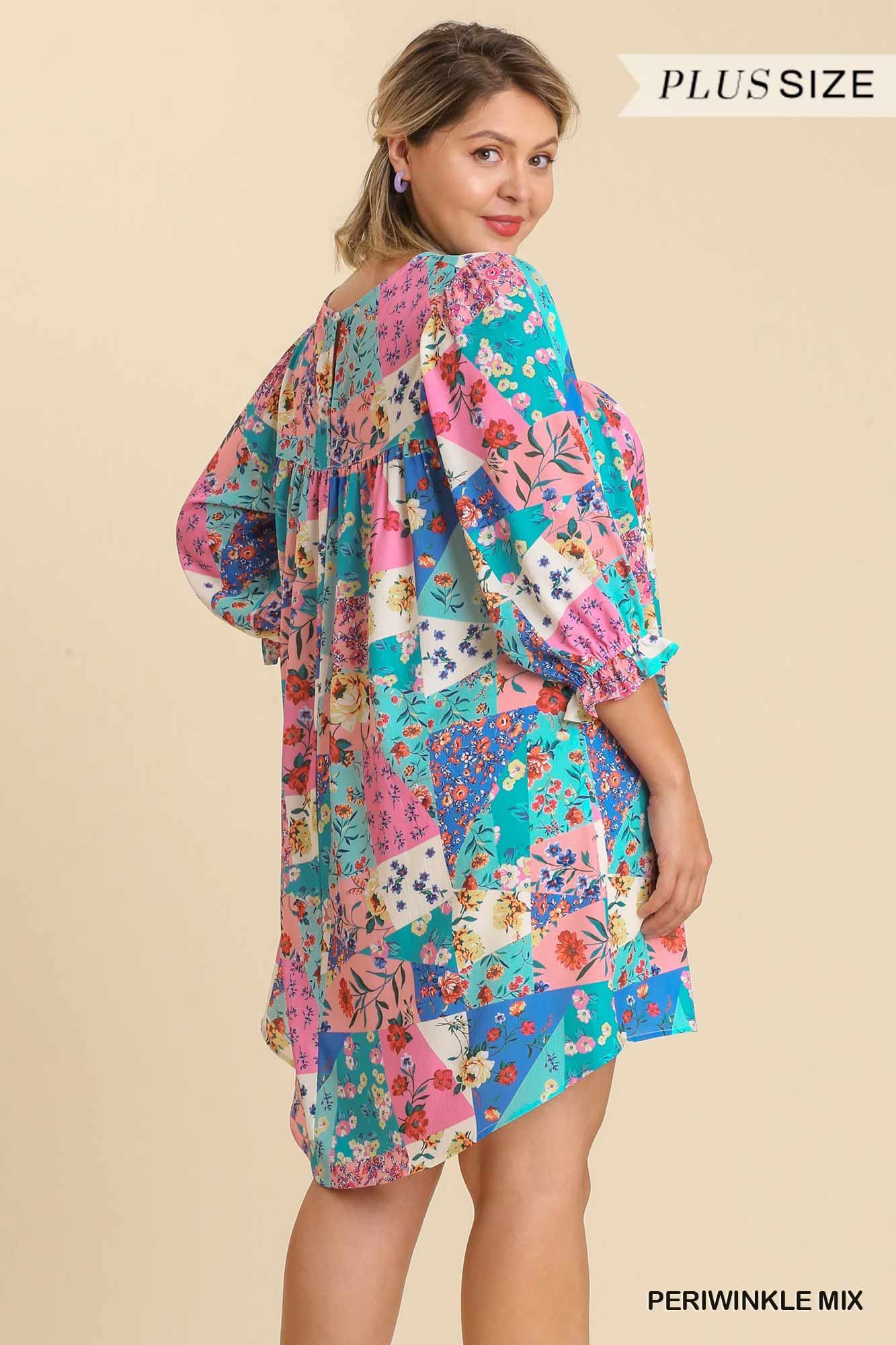 Umgee Plus Mixed Print Crochet Trim Ruffle Sleeves Back Keyhole Dress