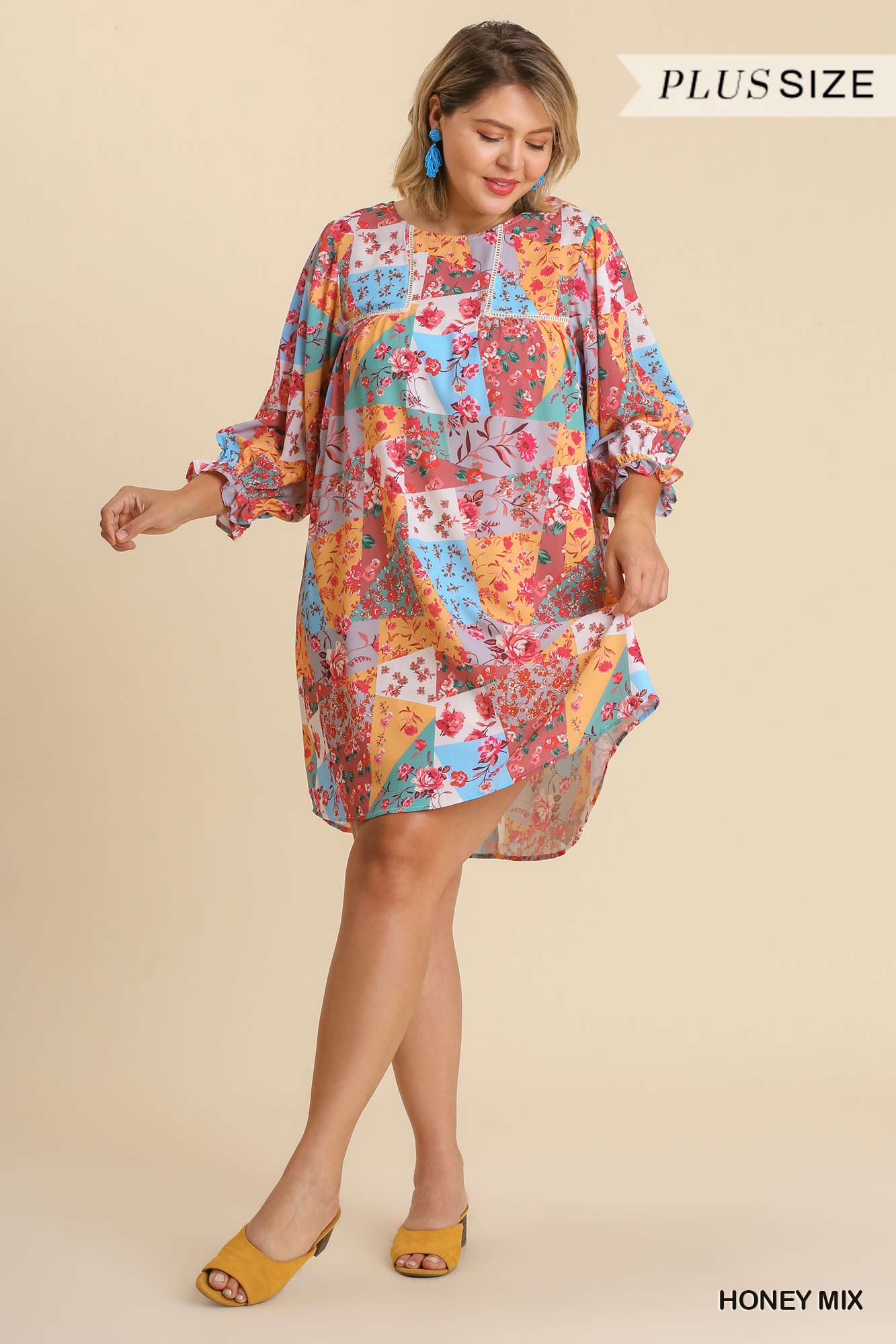 Umgee Plus Mixed Print Crochet Trim Ruffle Sleeves Back Keyhole Dress
