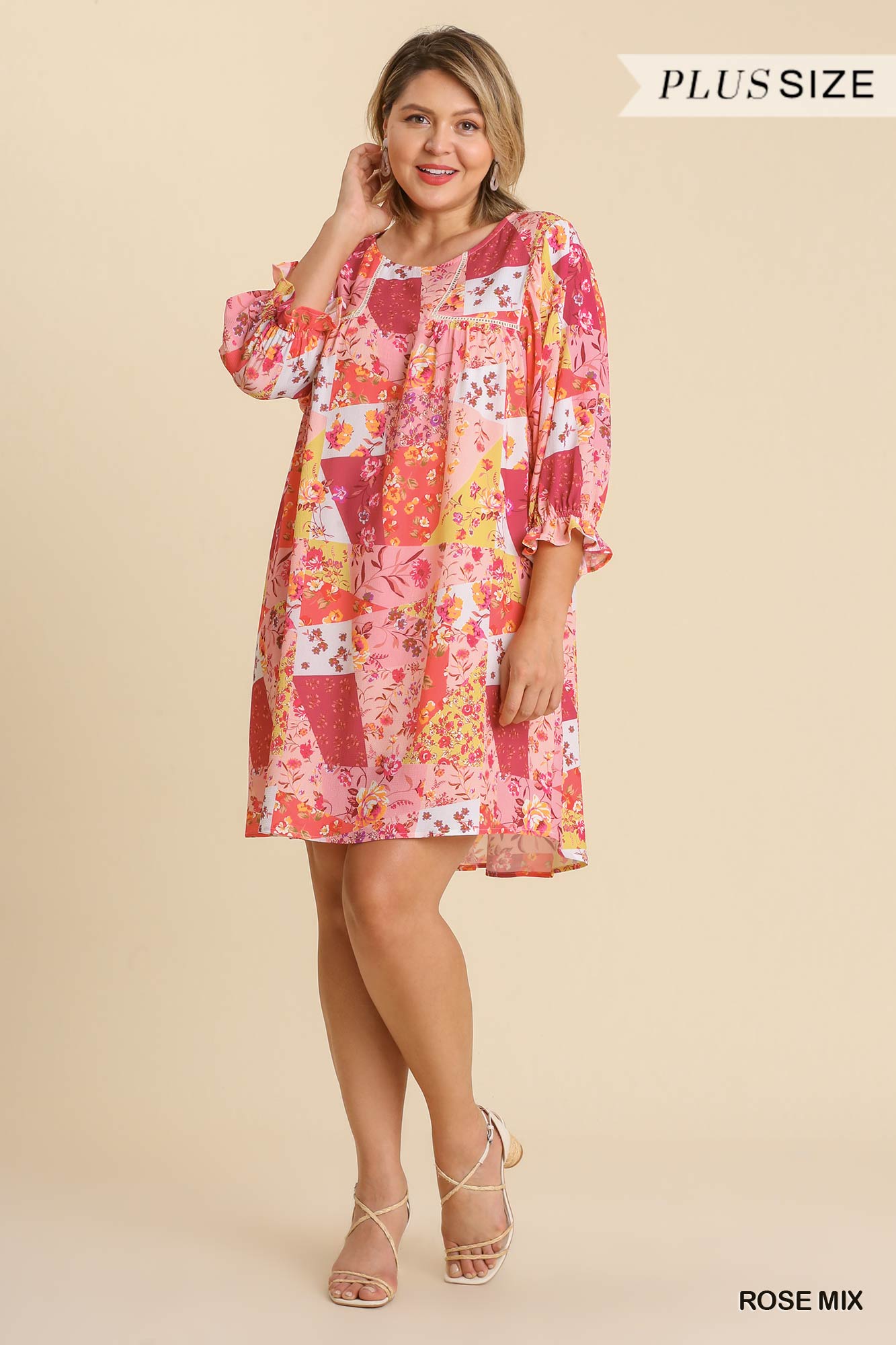 Umgee Plus Mixed Print Crochet Trim Ruffle Sleeves Back Keyhole Dress