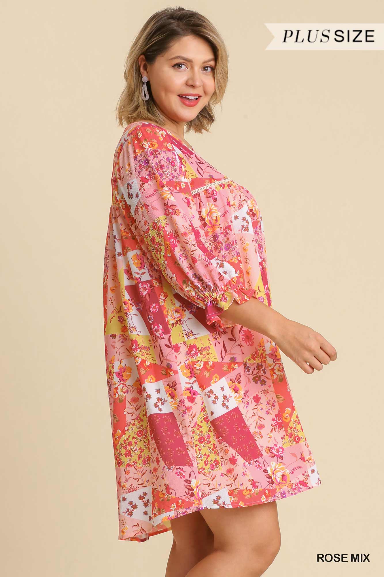 Umgee Plus Mixed Print Crochet Trim Ruffle Sleeves Back Keyhole Dress