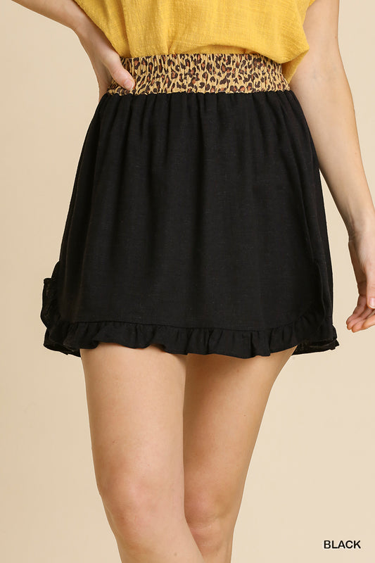 Umgee Linen Blend Animal Print Elastic Waist Ruffle Hem Skirt