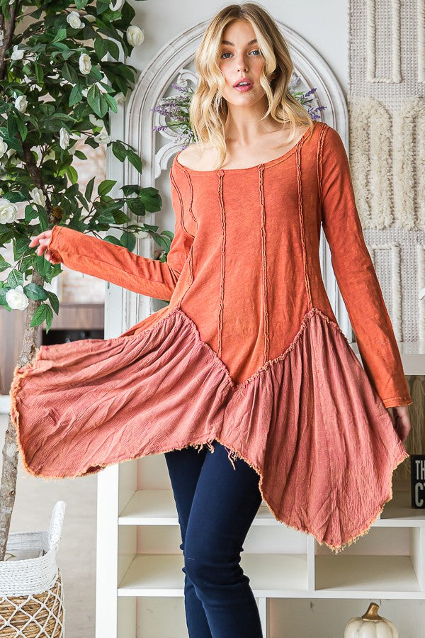 Oli & Hali Washed Fabric Mixed Uneven Hem Tunic Top