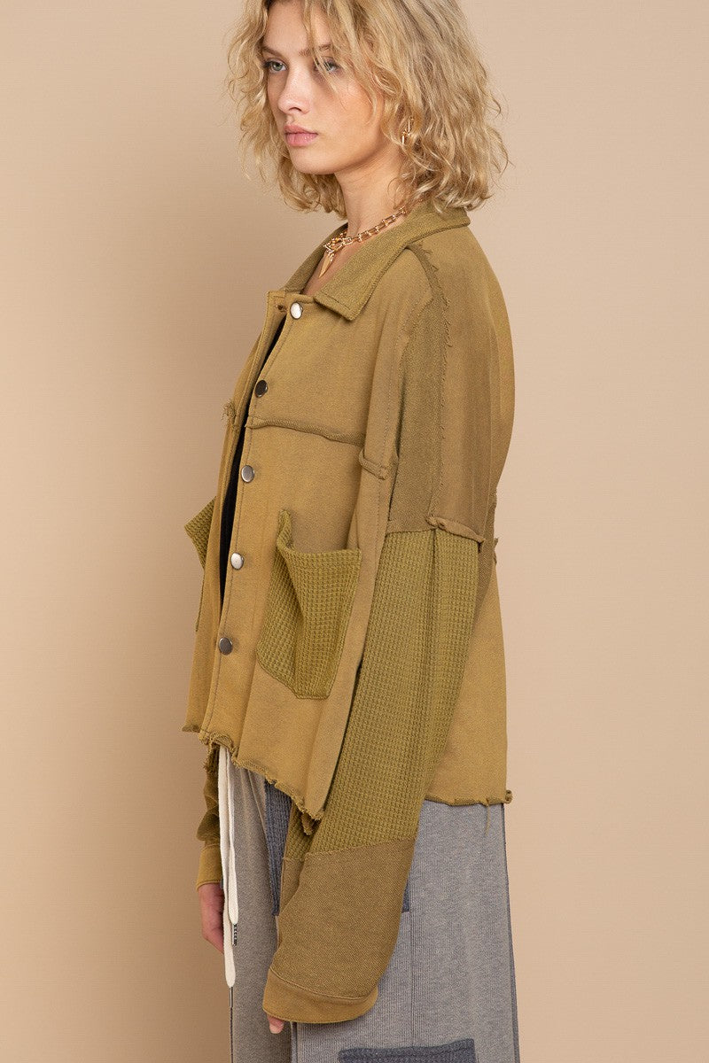 POL Raw Edge Hemline Button Closure Long Sleeve Jacket - Roulhac Fashion Boutique