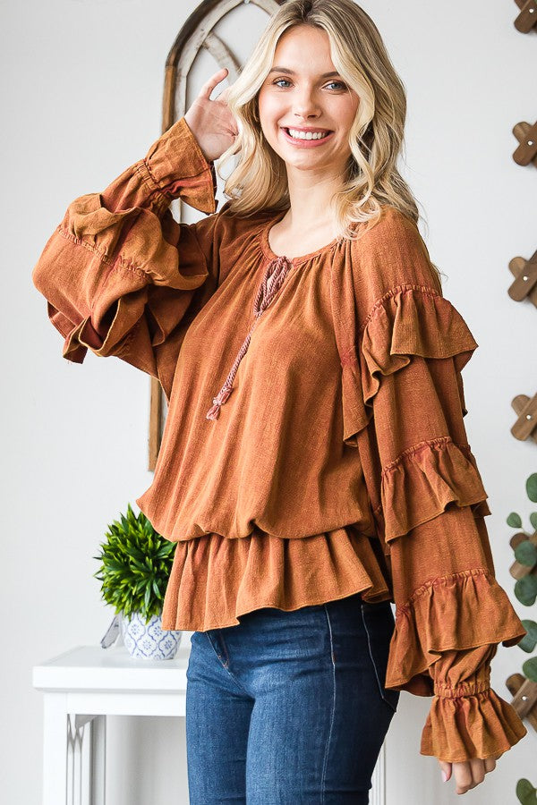 Oli & Hali Washed Ruffle Sleeve Peplum Top