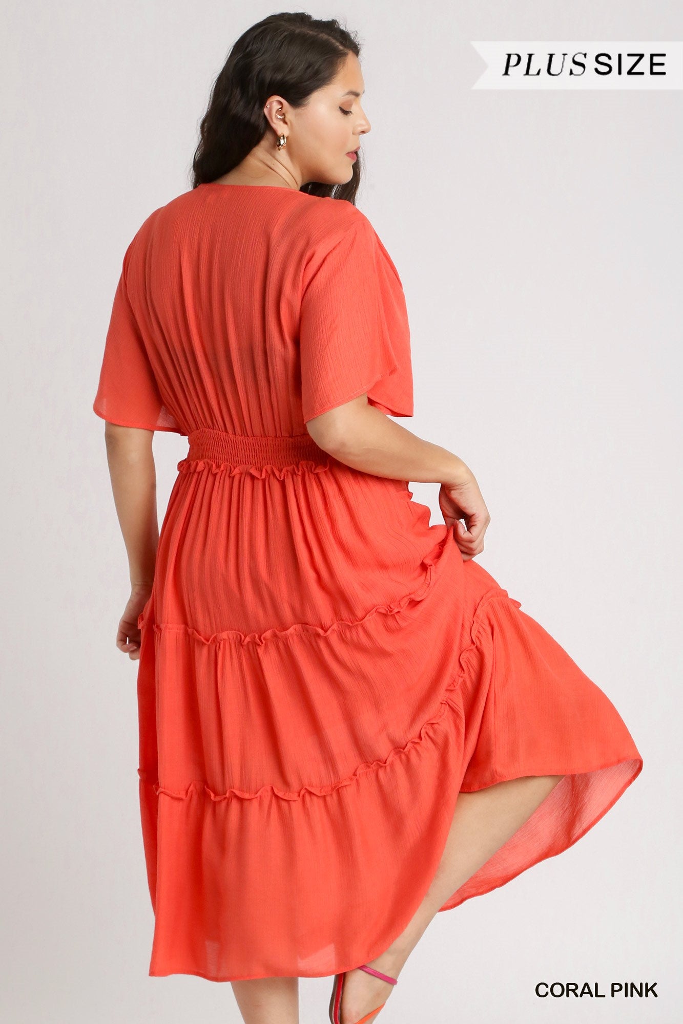 Umgee Plus Smocked Short Sleeve V-Neck Textured Tiered Maxi Dress