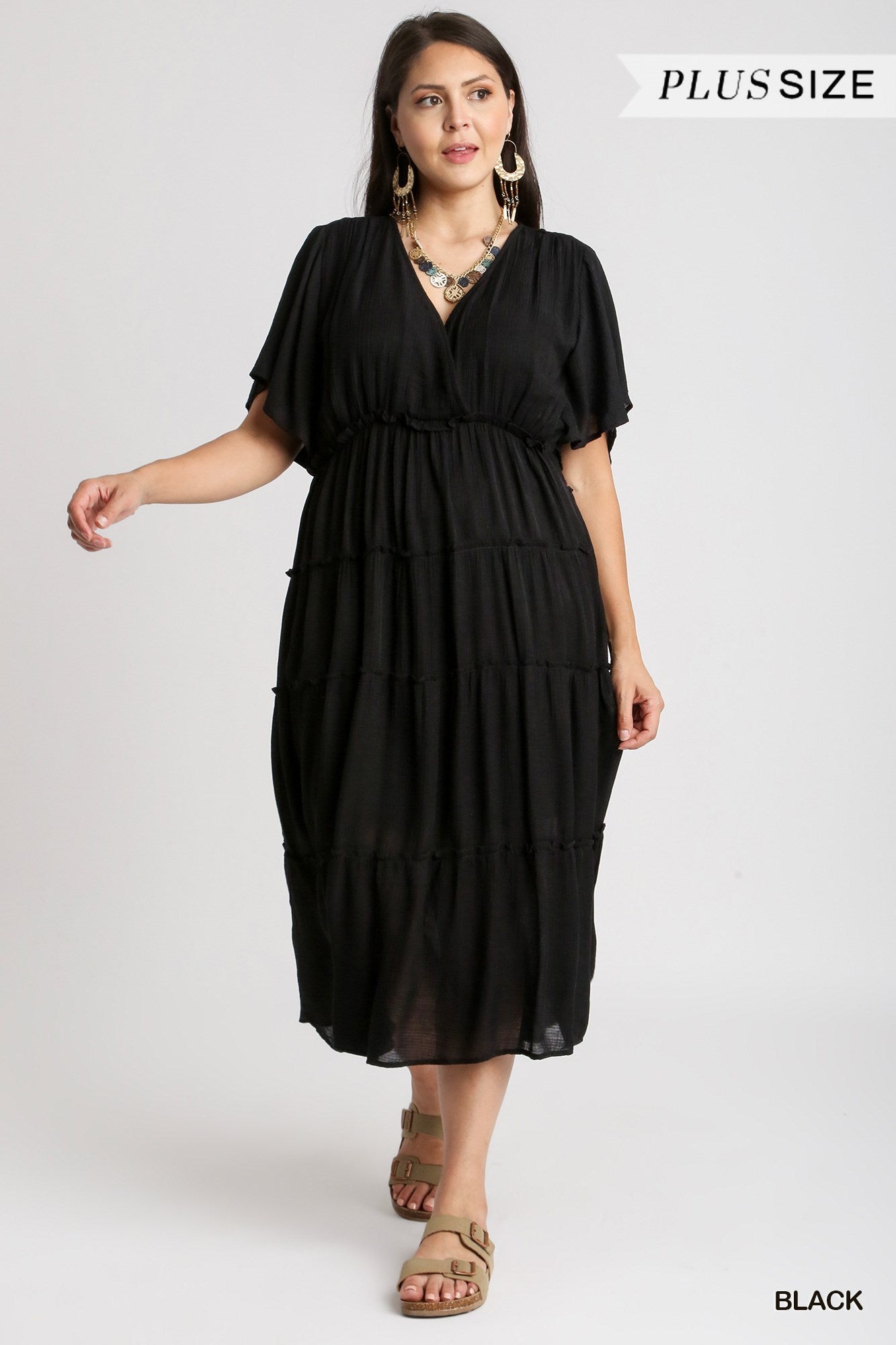 Umgee Plus Smocked Short Sleeve V-Neck Textured Tiered Maxi Dress