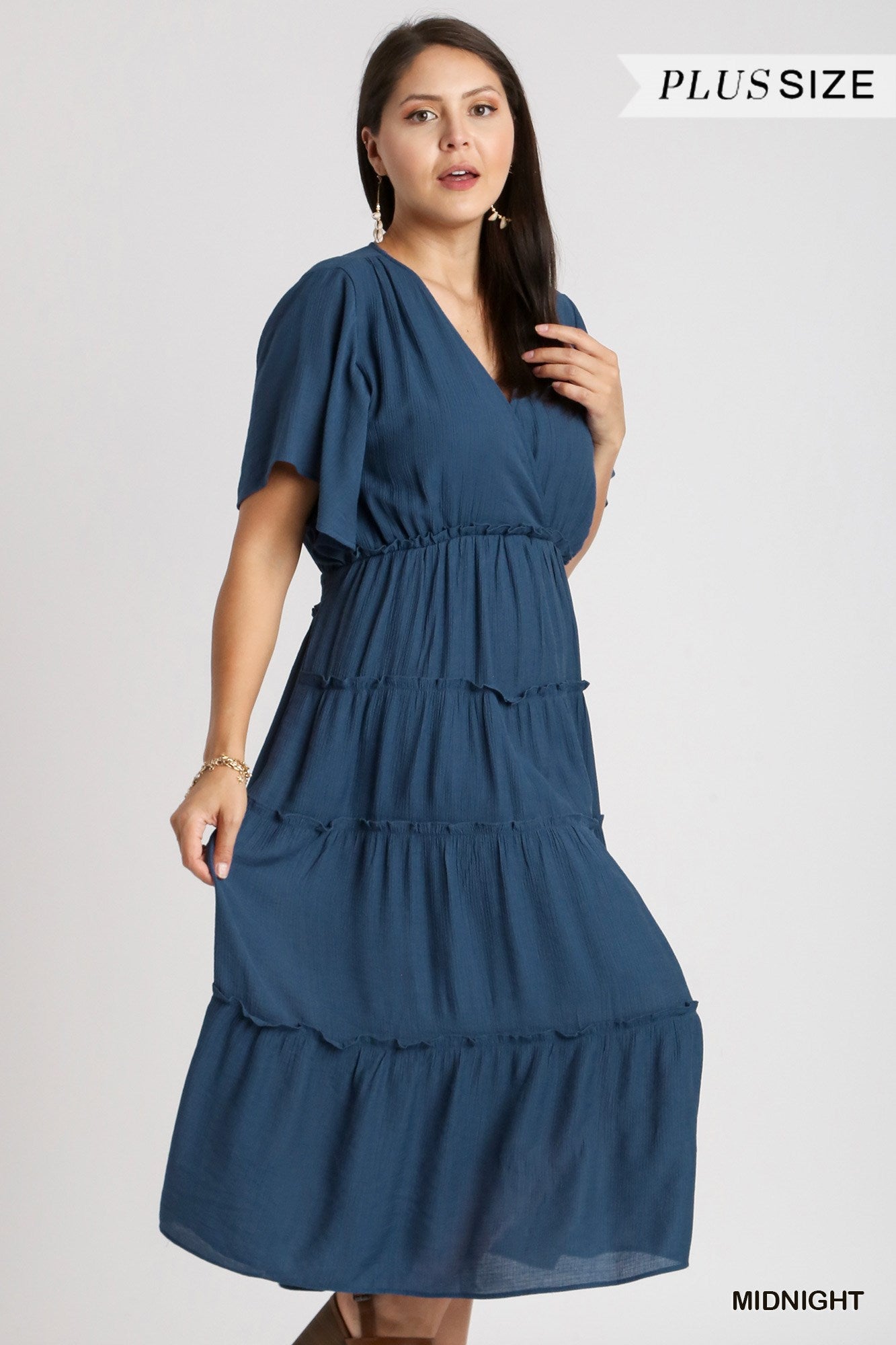 Umgee Plus Smocked Short Sleeve V-Neck Textured Tiered Maxi Dress