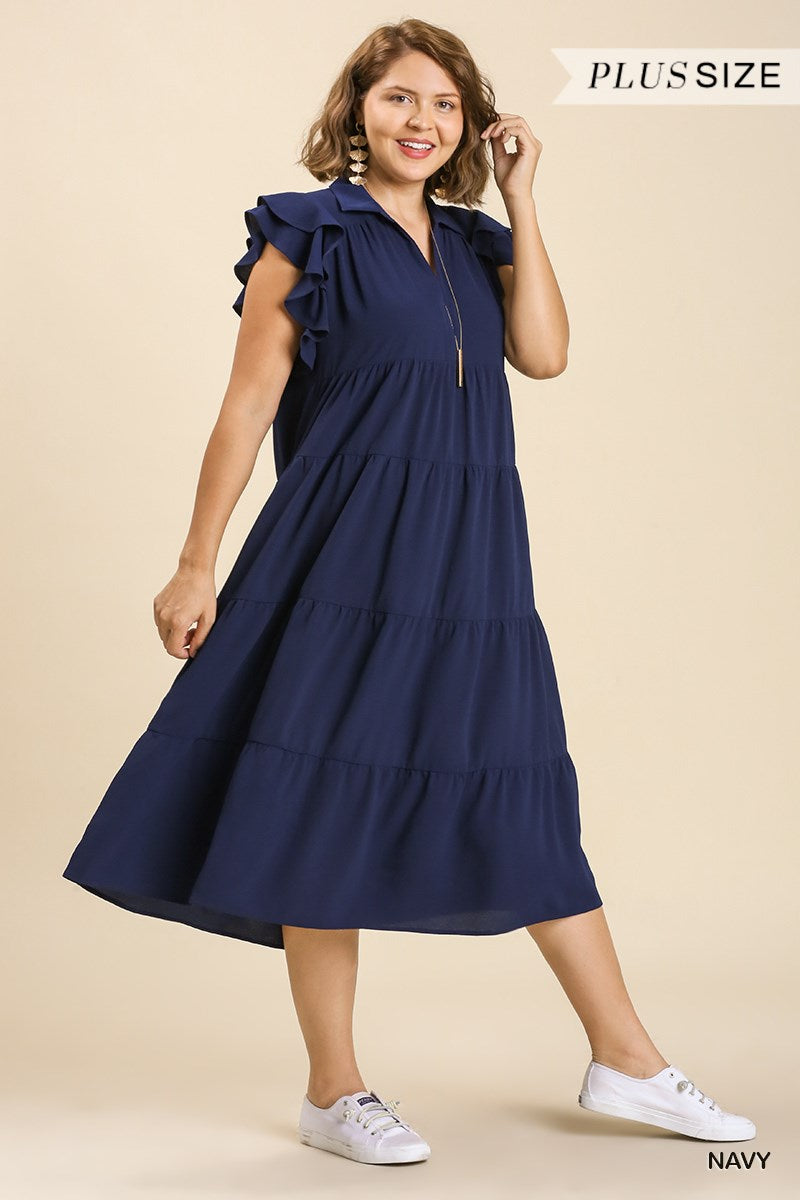 Umgee Plus Collar Split Neck Short Ruffle Sleeves Tiered Midi Dress