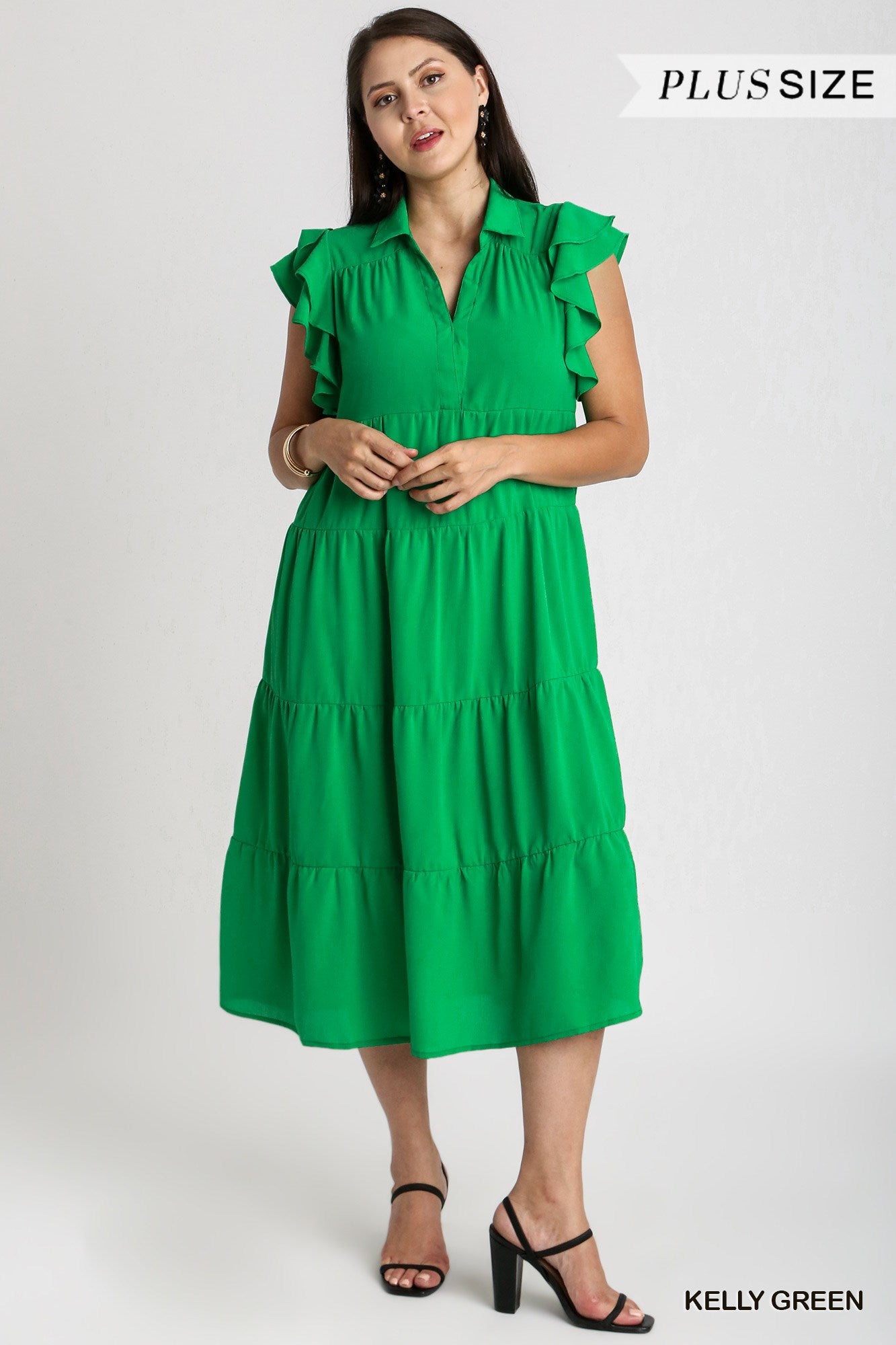 Umgee Plus Collar Split Neck Short Ruffle Sleeves Tiered Midi Dress