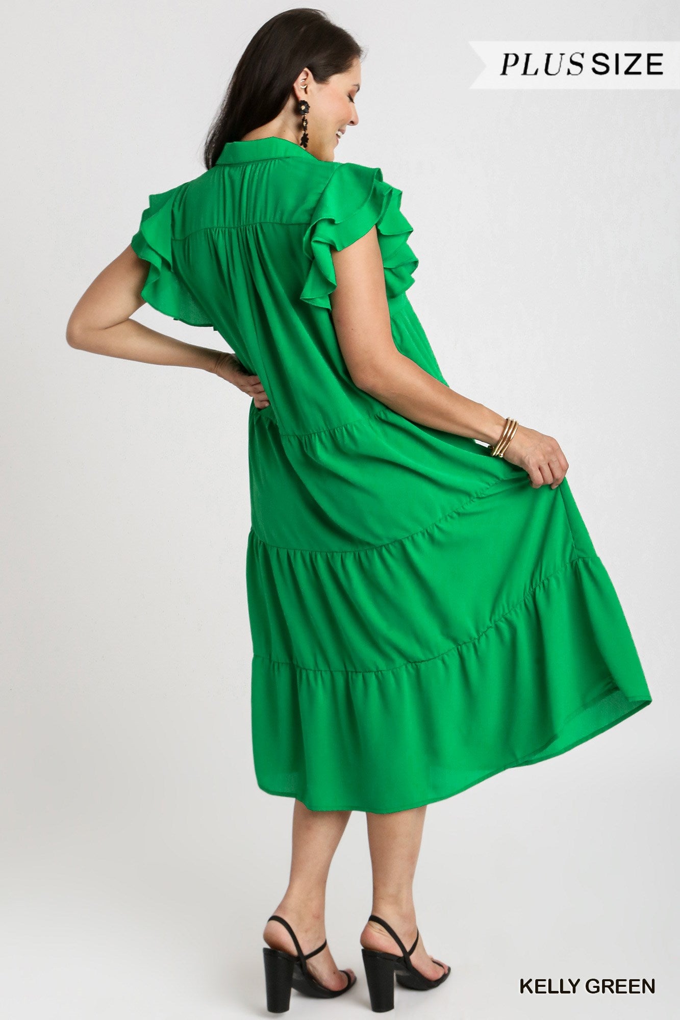 Umgee Plus Collar Split Neck Short Ruffle Sleeves Tiered Midi Dress