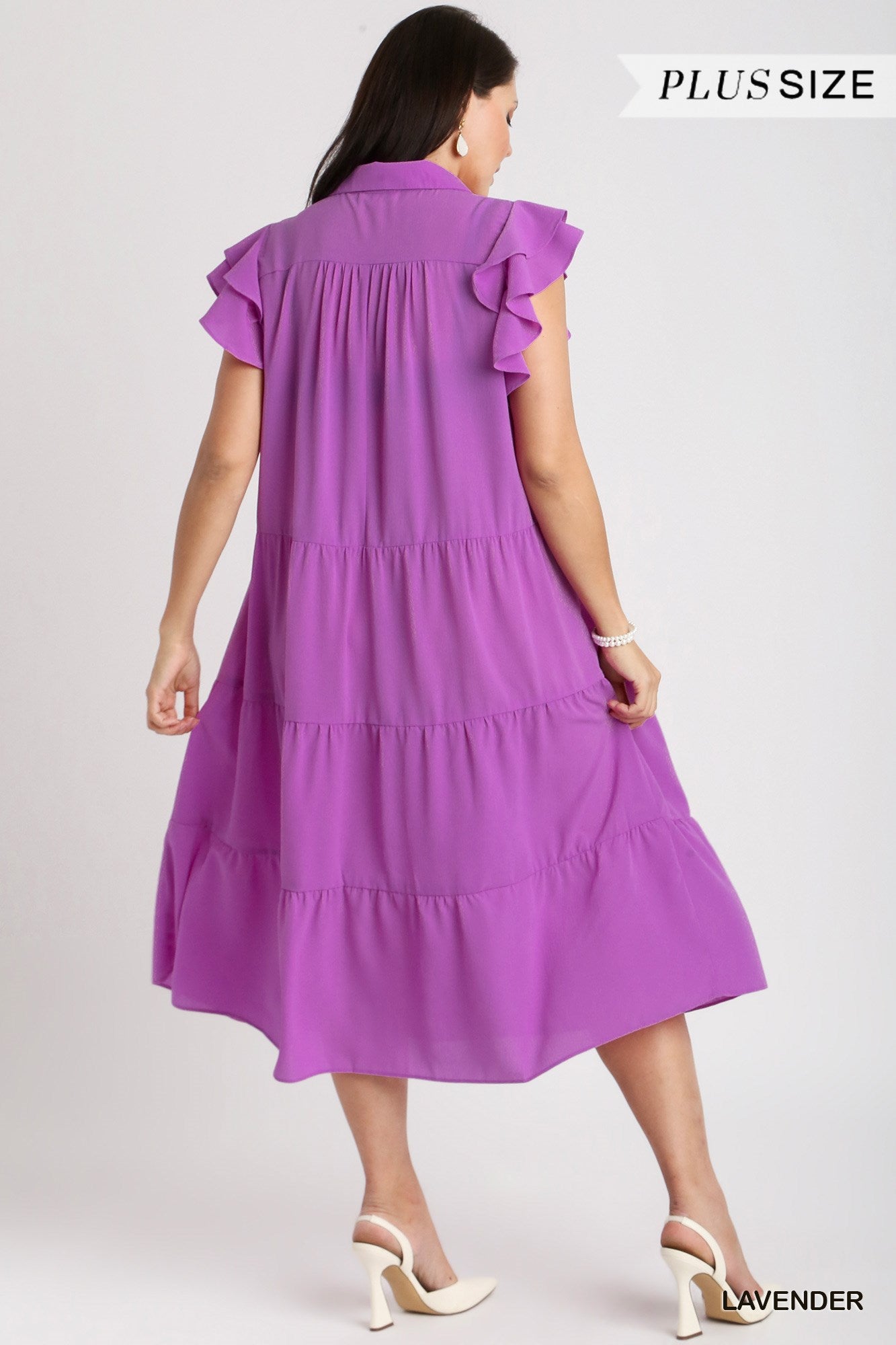 Umgee Plus Collar Split Neck Short Ruffle Sleeves Tiered Midi Dress