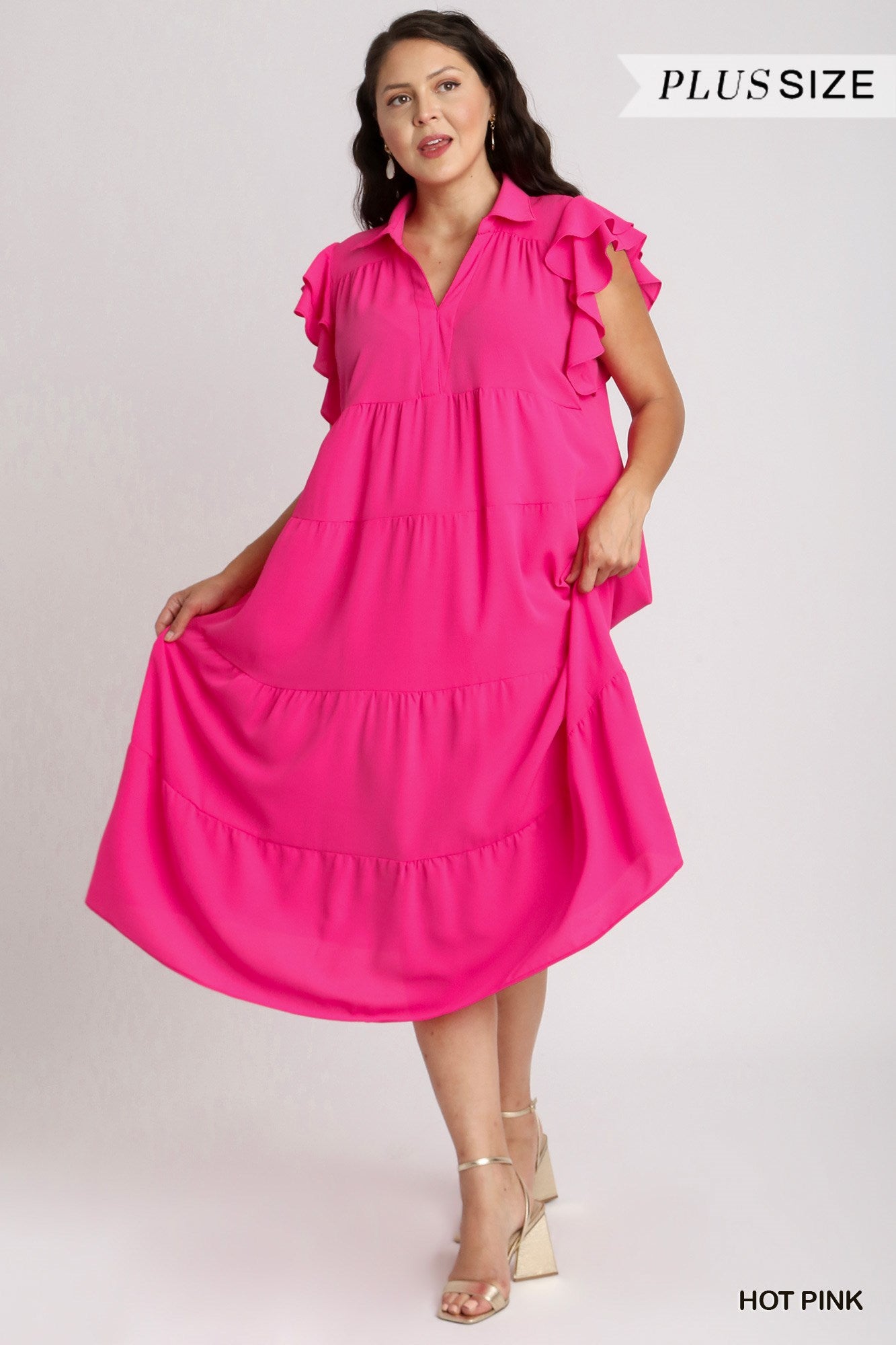 Umgee Plus Collar Split Neck Short Ruffle Sleeves Tiered Midi Dress