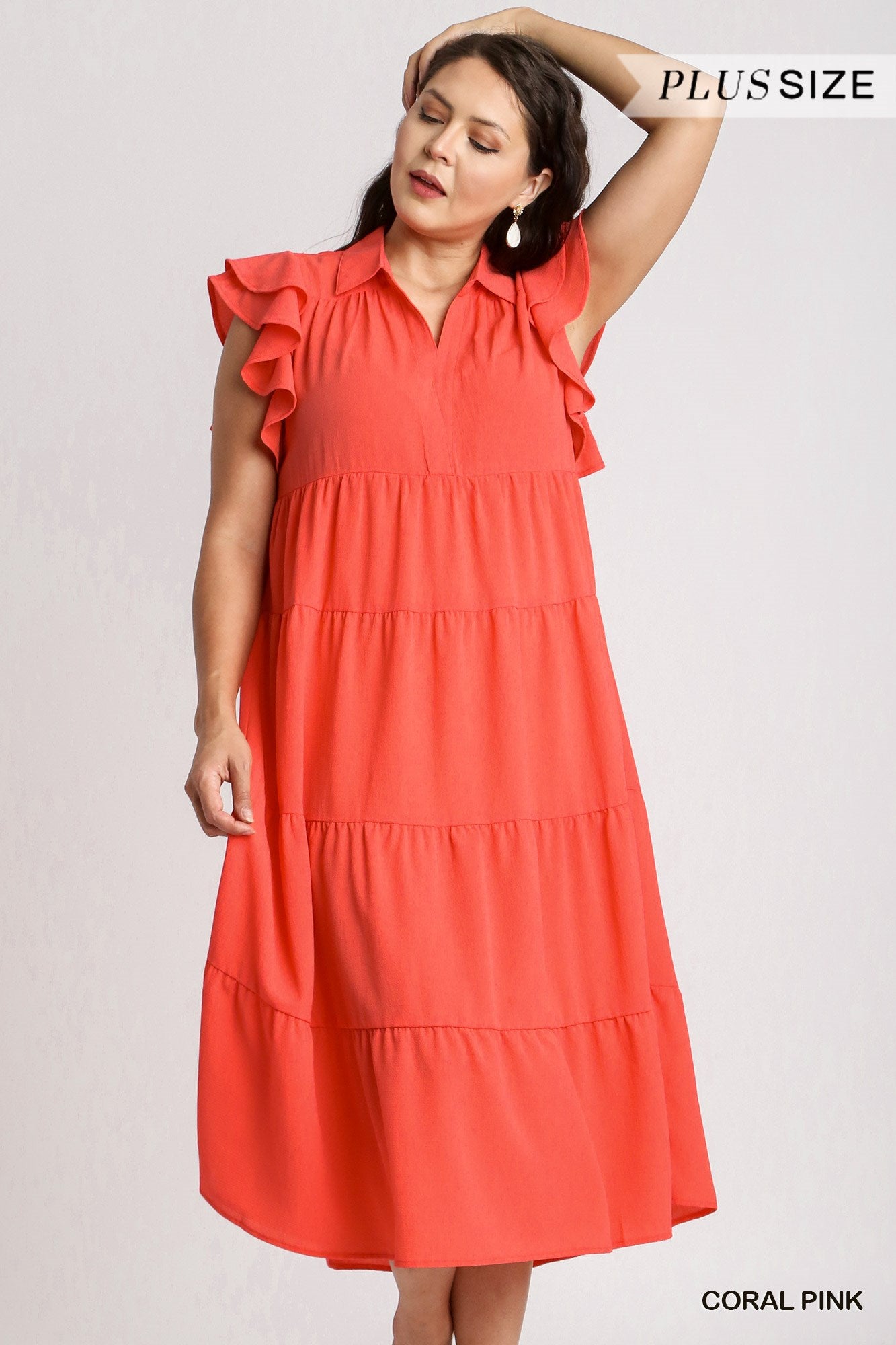 Umgee Plus Collar Split Neck Short Ruffle Sleeves Tiered Midi Dress