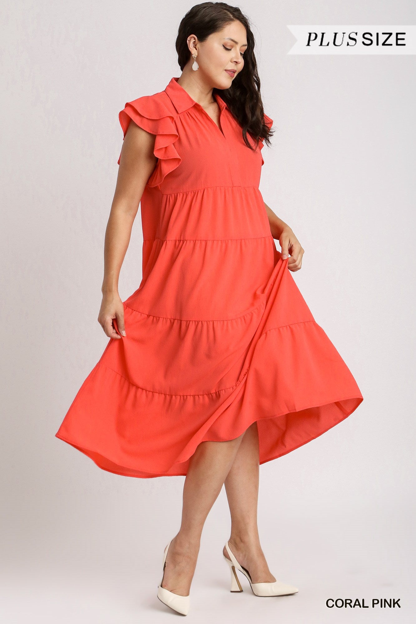 Umgee Plus Collar Split Neck Short Ruffle Sleeves Tiered Midi Dress