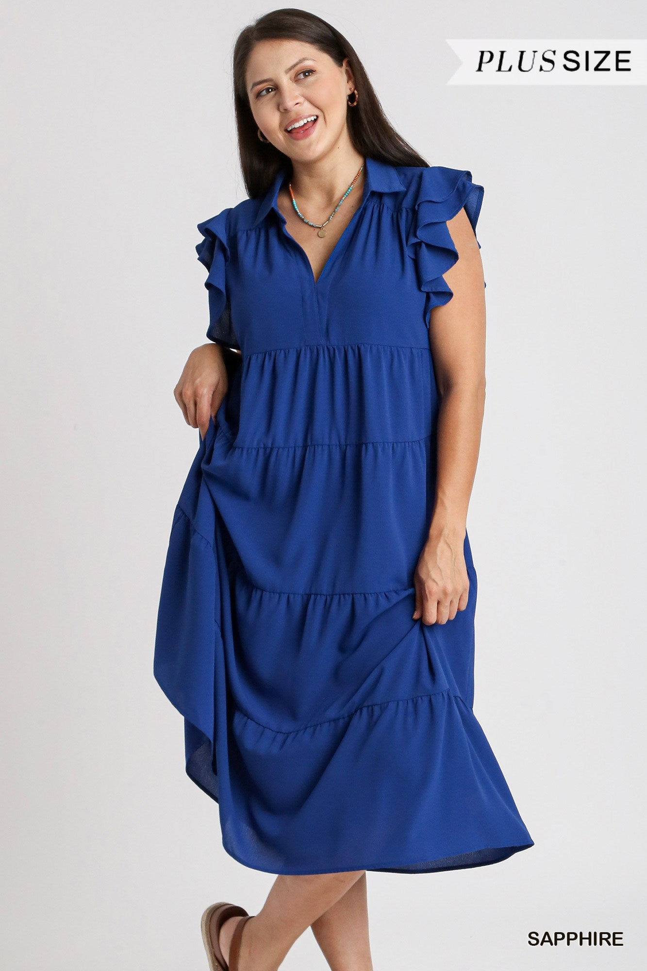 Umgee Plus Collar Split Neck Short Ruffle Sleeves Tiered Midi Dress
