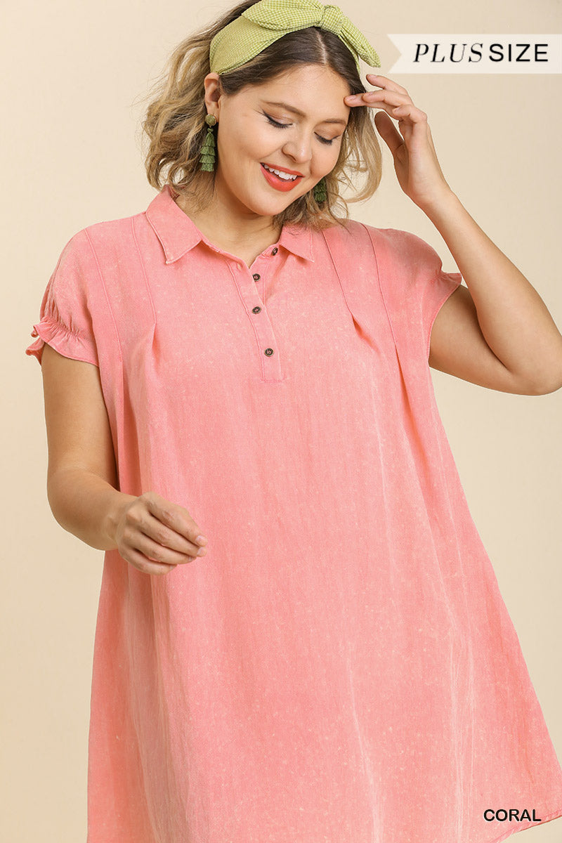 Umgee Plus Snow Washed Pleated Short Sleeve No Lining Dress