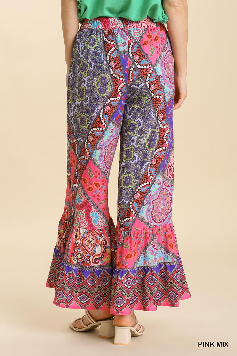 Umgee Mixed Print Elastic Waist Wide Ruffle Leg Pockets Pants