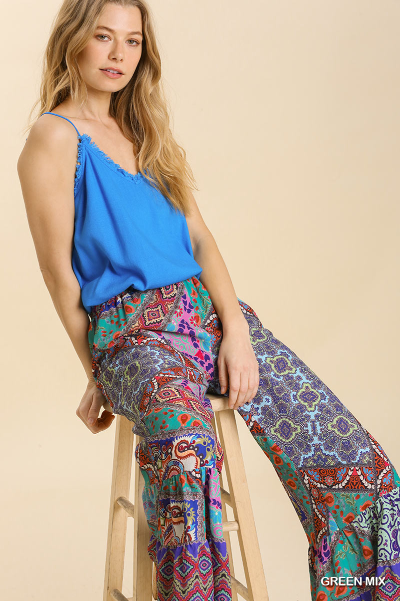 Umgee Mixed Print Elastic Waist Wide Ruffle Leg Pockets Pants