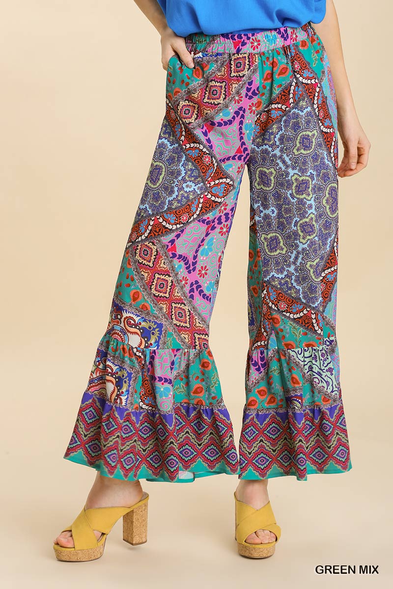 Umgee Mixed Print Elastic Waist Wide Ruffle Leg Pockets Pants