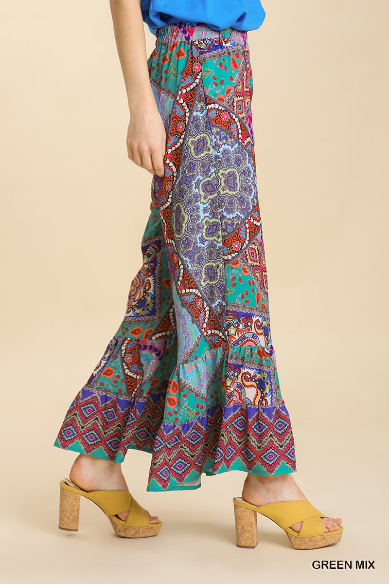 Umgee Mixed Print Elastic Waist Wide Ruffle Leg Pockets Pants
