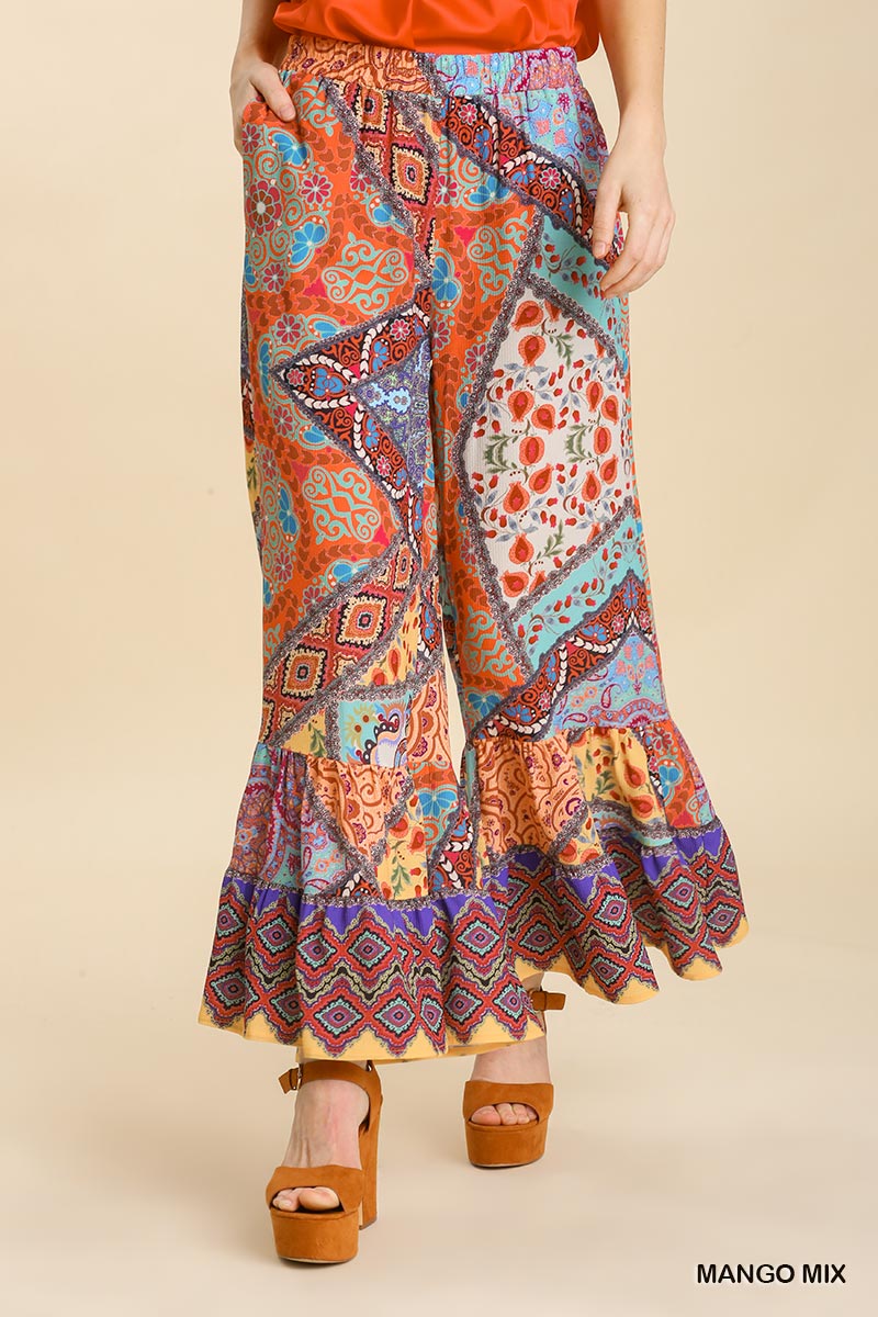Umgee Mixed Print Elastic Waist Wide Ruffle Leg Pockets Pants