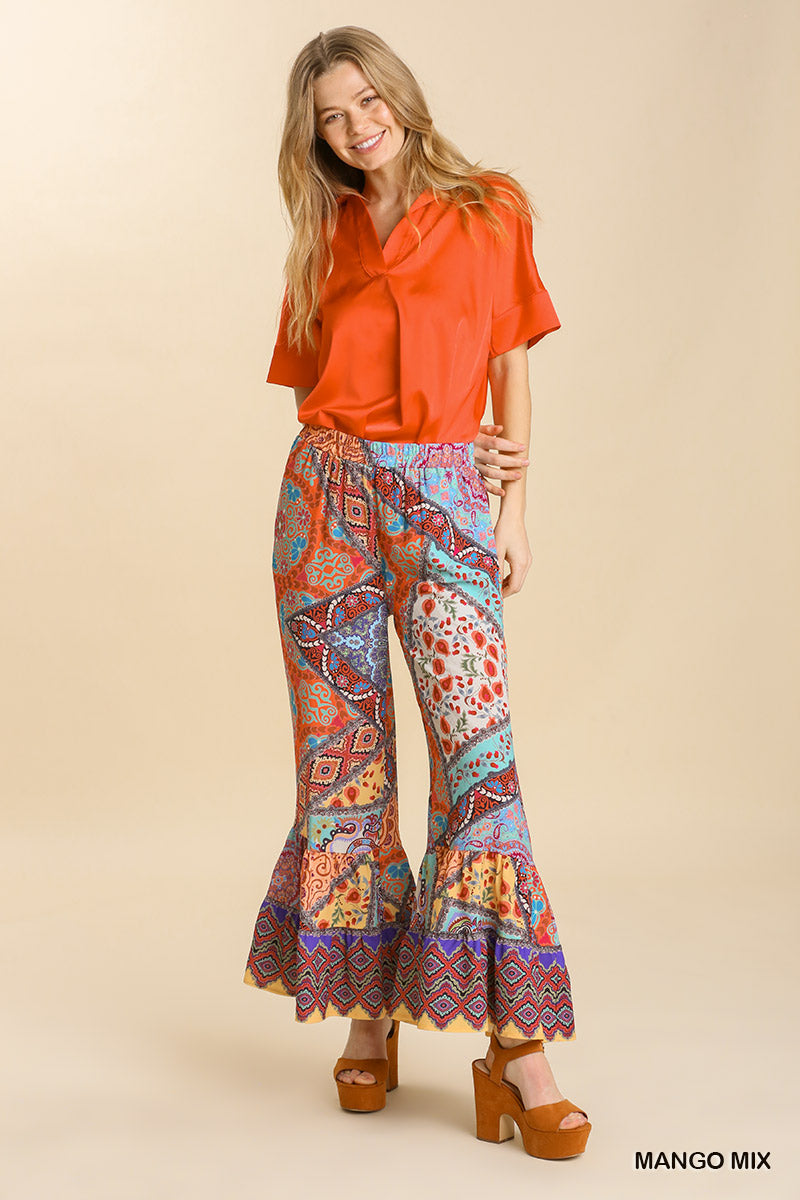 Umgee Mixed Print Elastic Waist Wide Ruffle Leg Pockets Pants