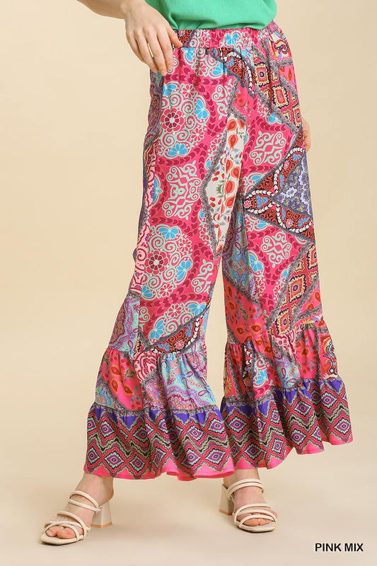 Umgee Mixed Print Elastic Waist Wide Ruffle Leg Pockets Pants