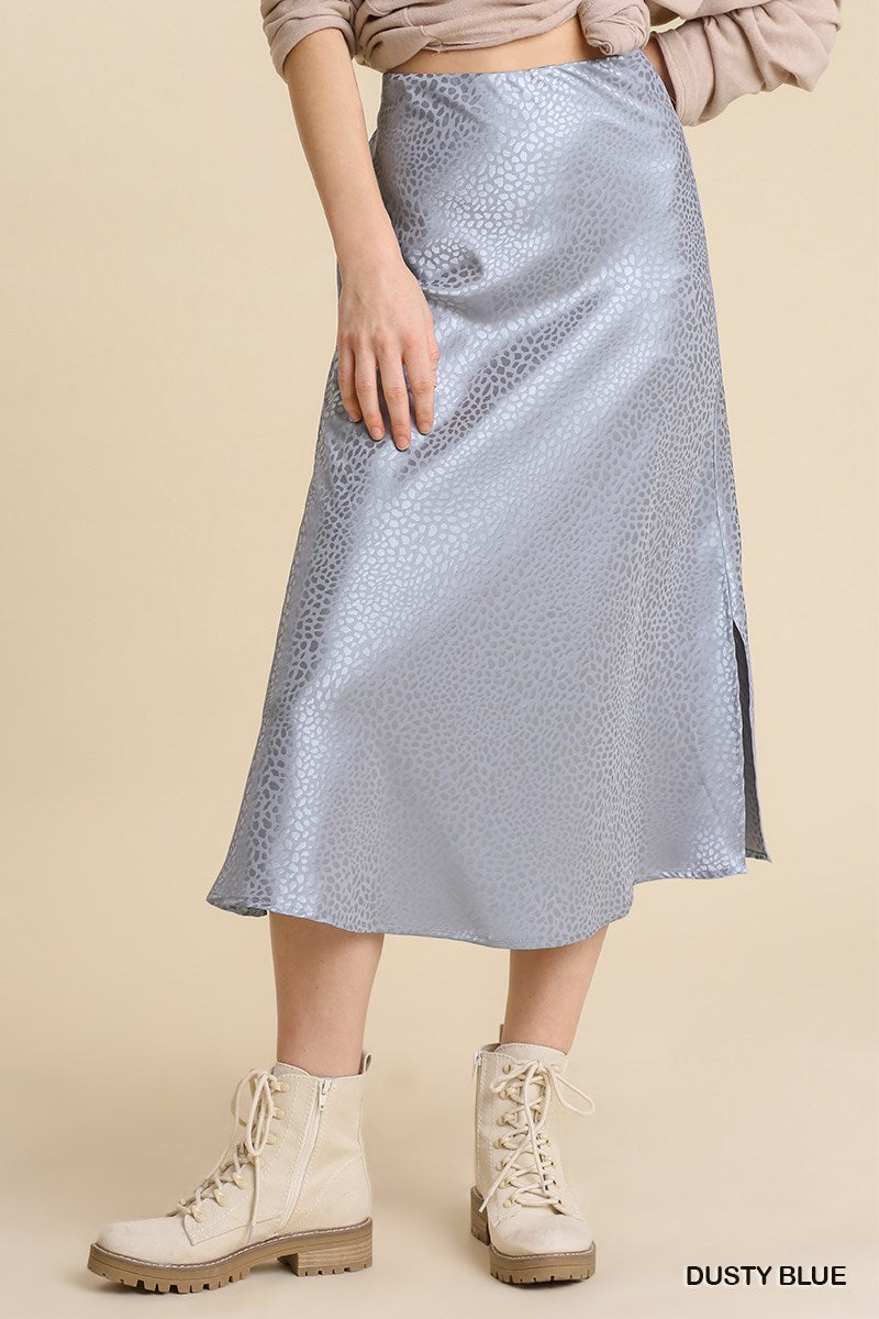 Umgee Animal Satin Jacquard Print Elastic Waist Slits Midi Skirt